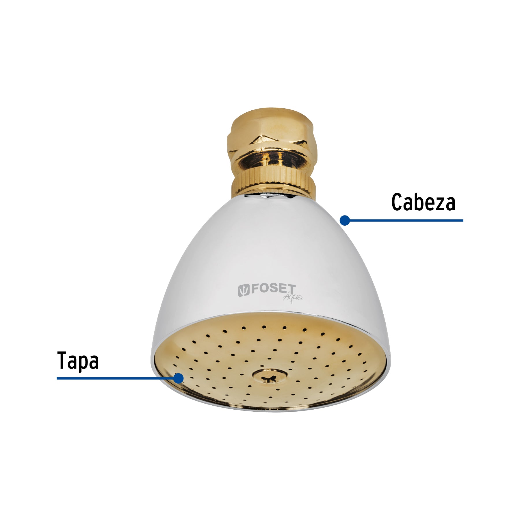 Regadera cónica 2-1/2", metálica, sin brazo, cromo-oro, AQUA