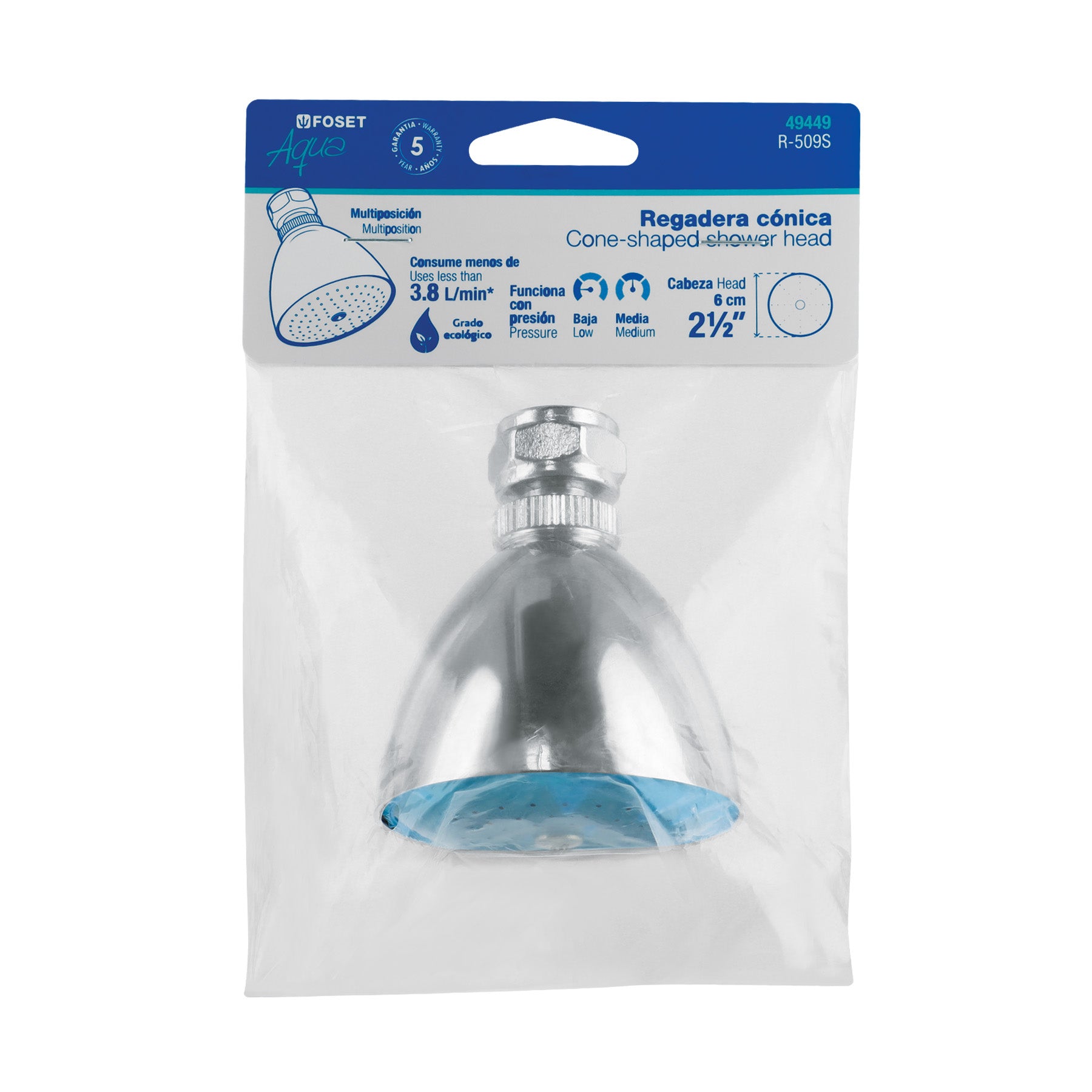 Regadera cónica 2-1/2", metálica, sin brazo, cromo, AQUA