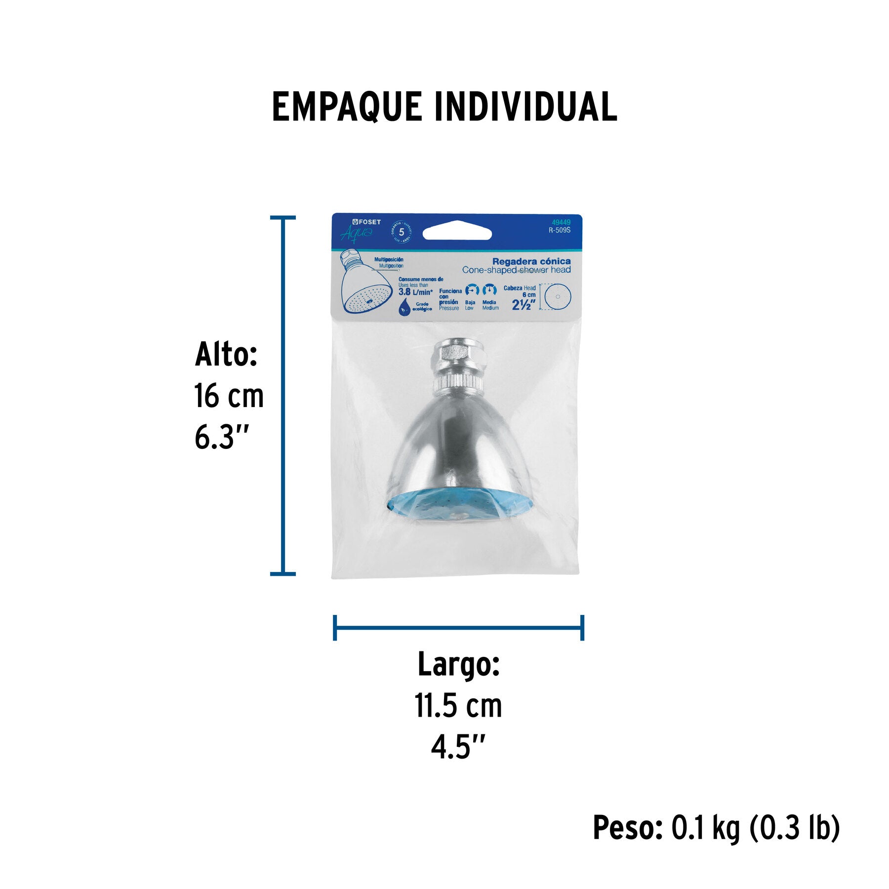 Regadera cónica 2-1/2", metálica, sin brazo, cromo, AQUA - Empaque