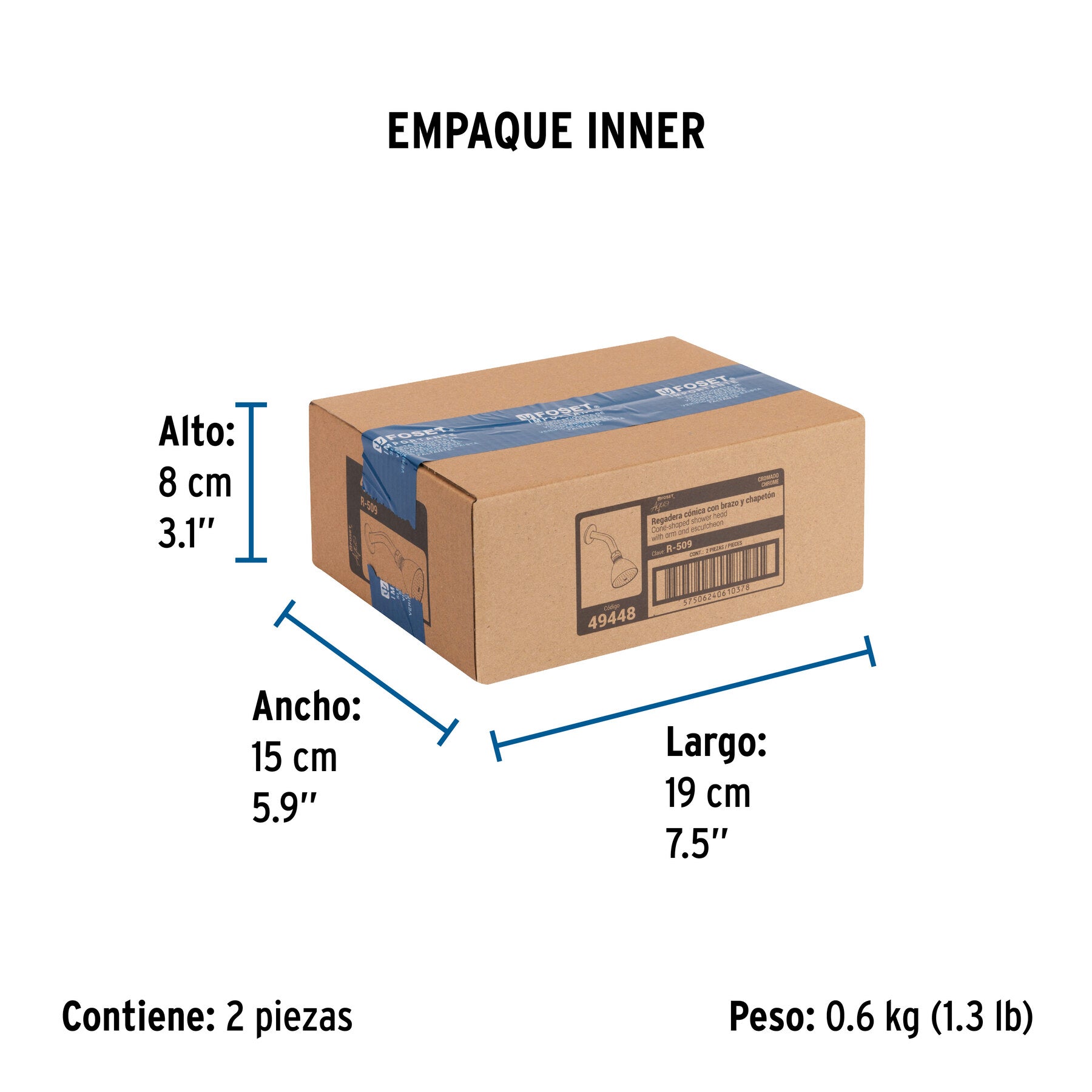 Regadera cónica 2-1/2", metálica, brazo y chapetón, cromo - Empaque