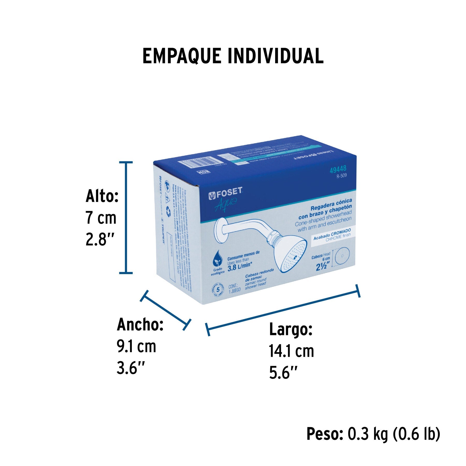 Regadera cónica 2-1/2", metálica, brazo y chapetón, cromo - Empaque