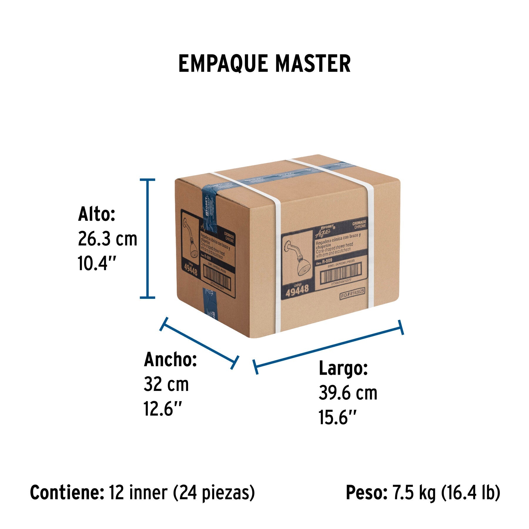 Regadera cónica 2-1/2", metálica, brazo y chapetón, cromo - Empaque