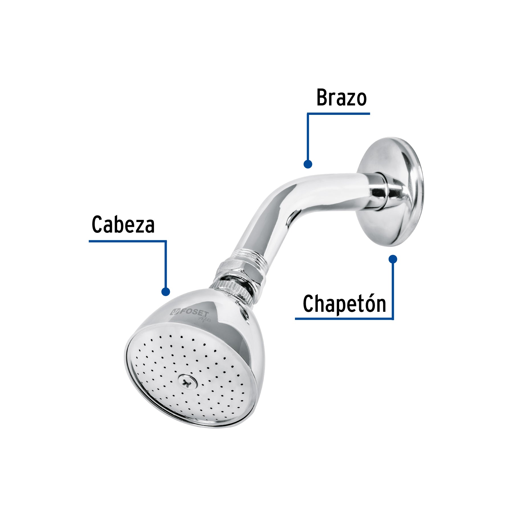 Regadera cónica 2-1/2", metálica, brazo y chapetón, cromo
