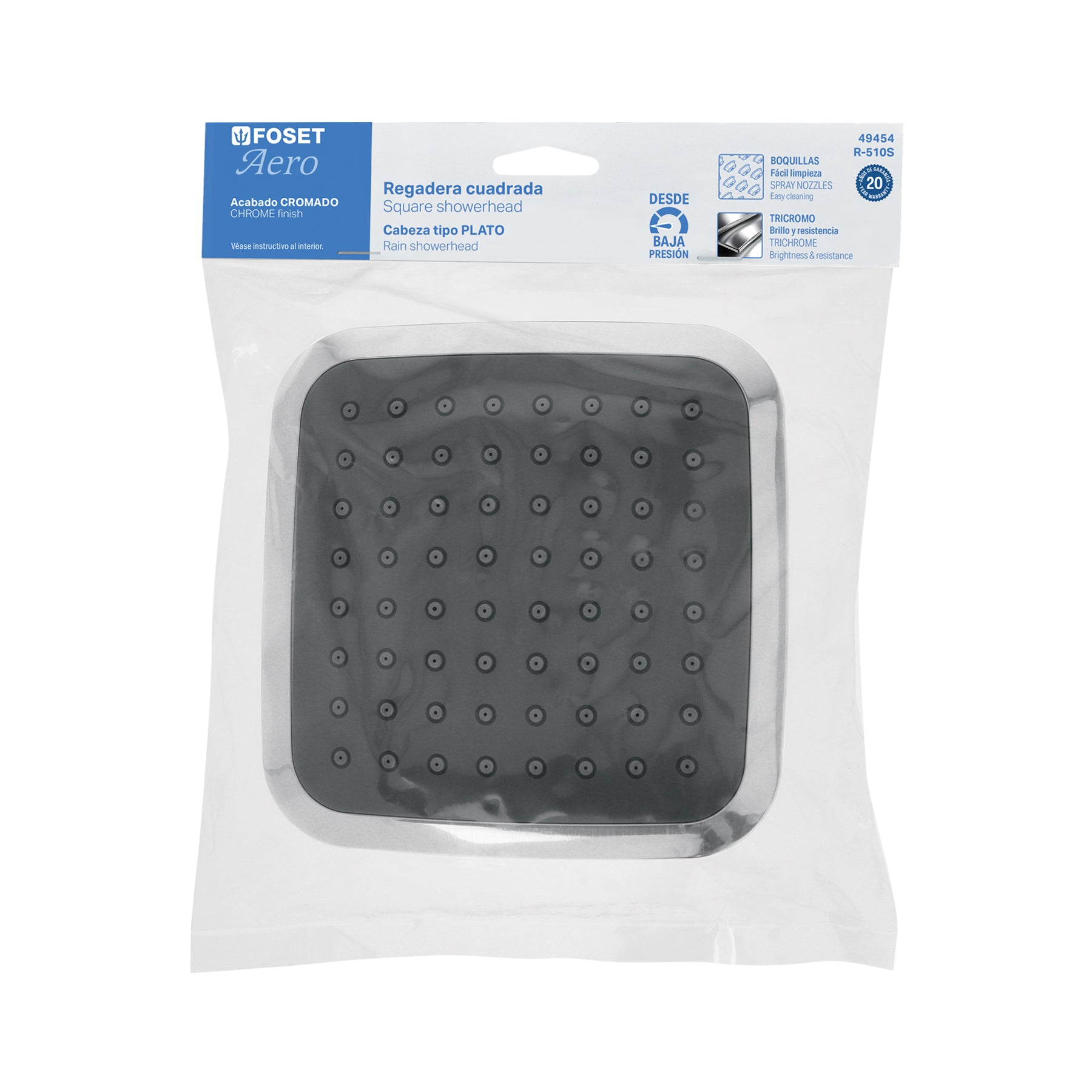 Regadera cuadrada 6", ABS, sin brazo, cromo, AERO