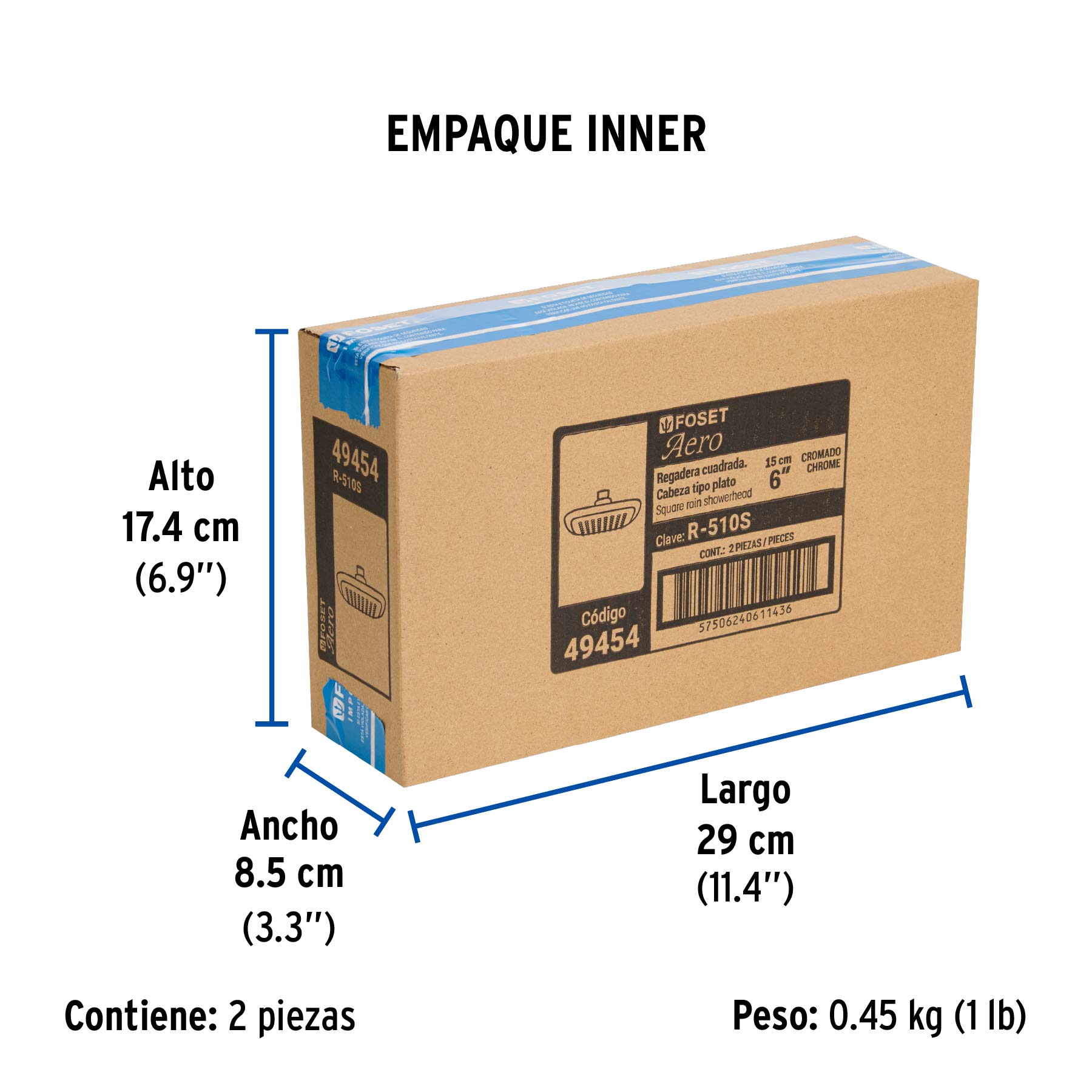 Regadera cuadrada 6", ABS, sin brazo, cromo, AERO - Empaque