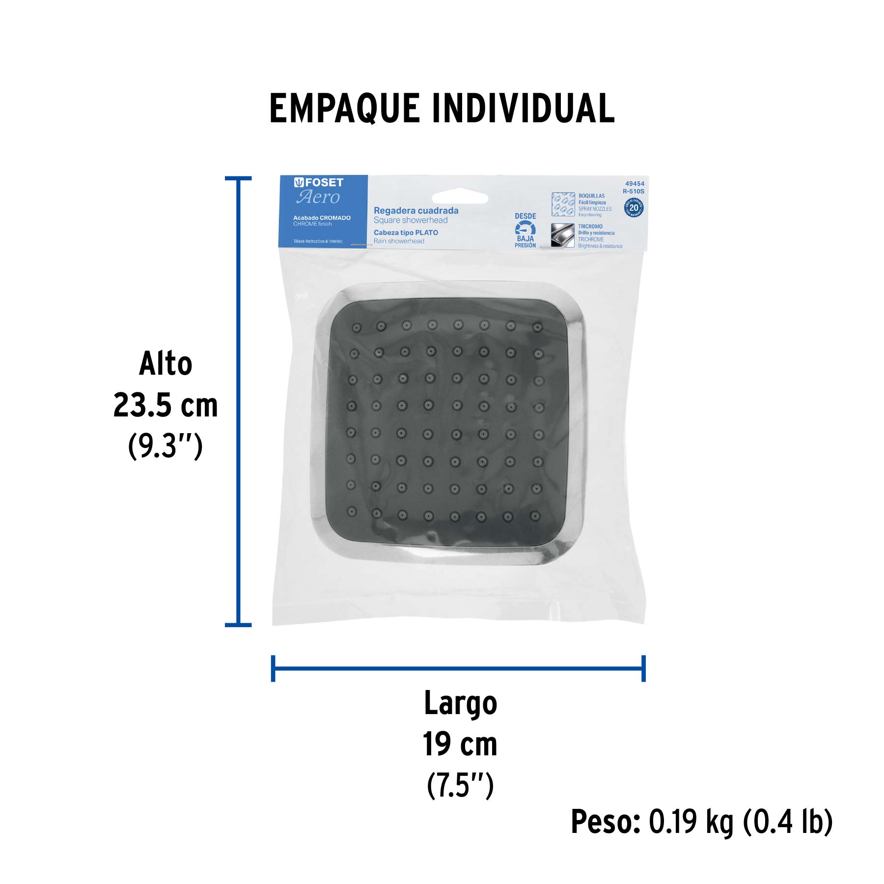 Regadera cuadrada 6", ABS, sin brazo, cromo, AERO - Empaque