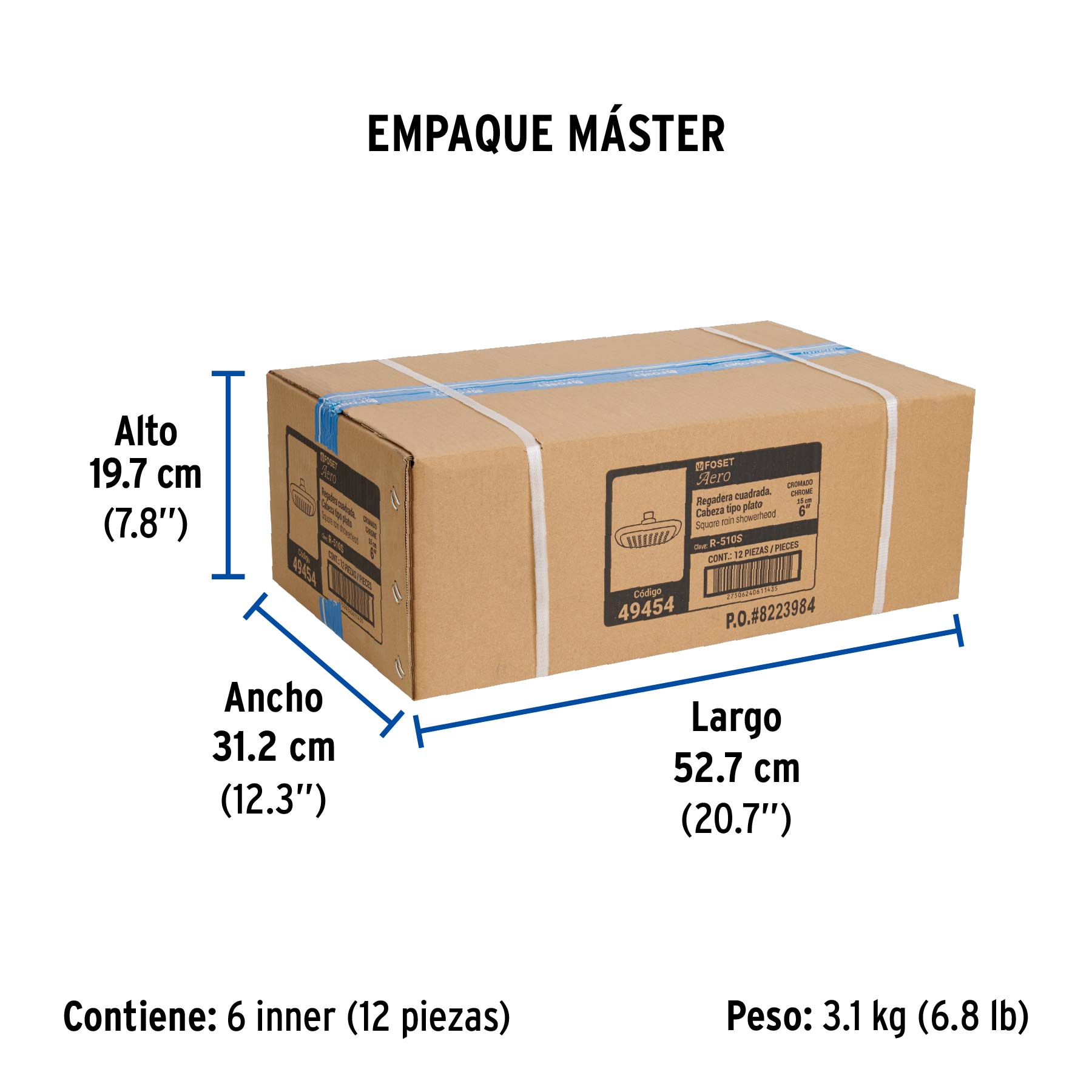 Regadera cuadrada 6", ABS, sin brazo, cromo, AERO - Empaque