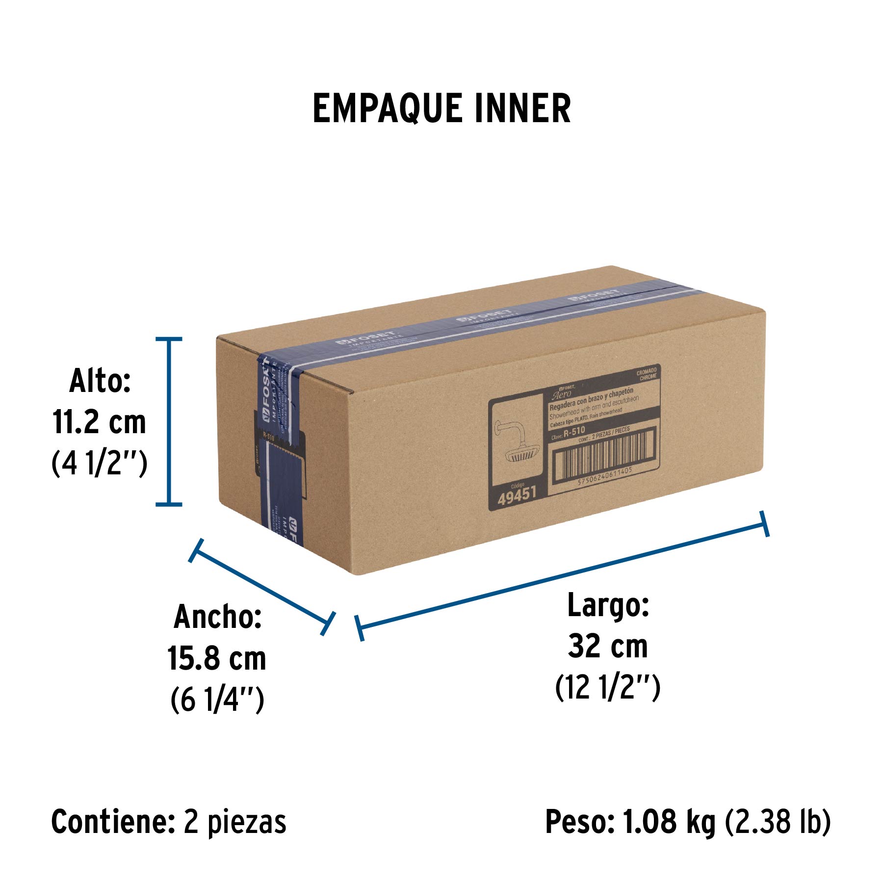 Regadera cuadrada 6", ABS, con brazo y chapetón, cromo, AERO - Empaque