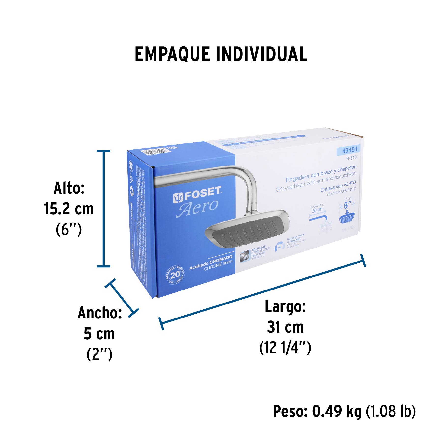Regadera cuadrada 6", ABS, con brazo y chapetón, cromo, AERO - Empaque