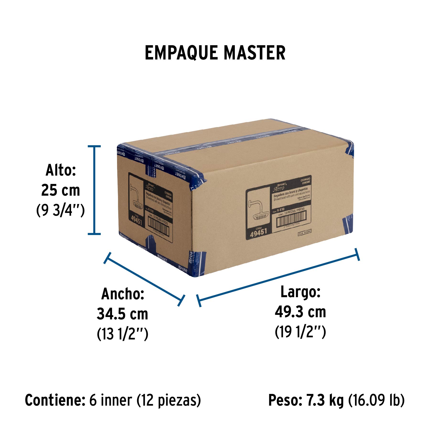 Regadera cuadrada 6", ABS, con brazo y chapetón, cromo, AERO - Empaque