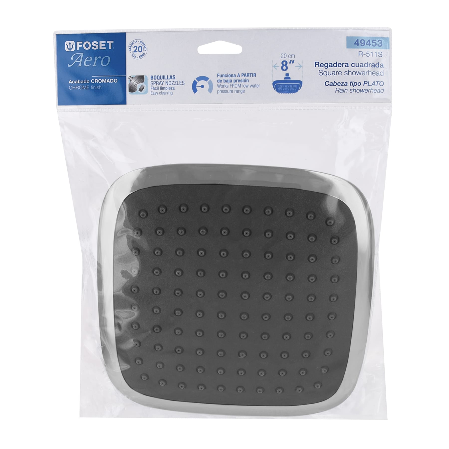 Regadera cuadrada 8", ABS, sin brazo, cromo, AERO