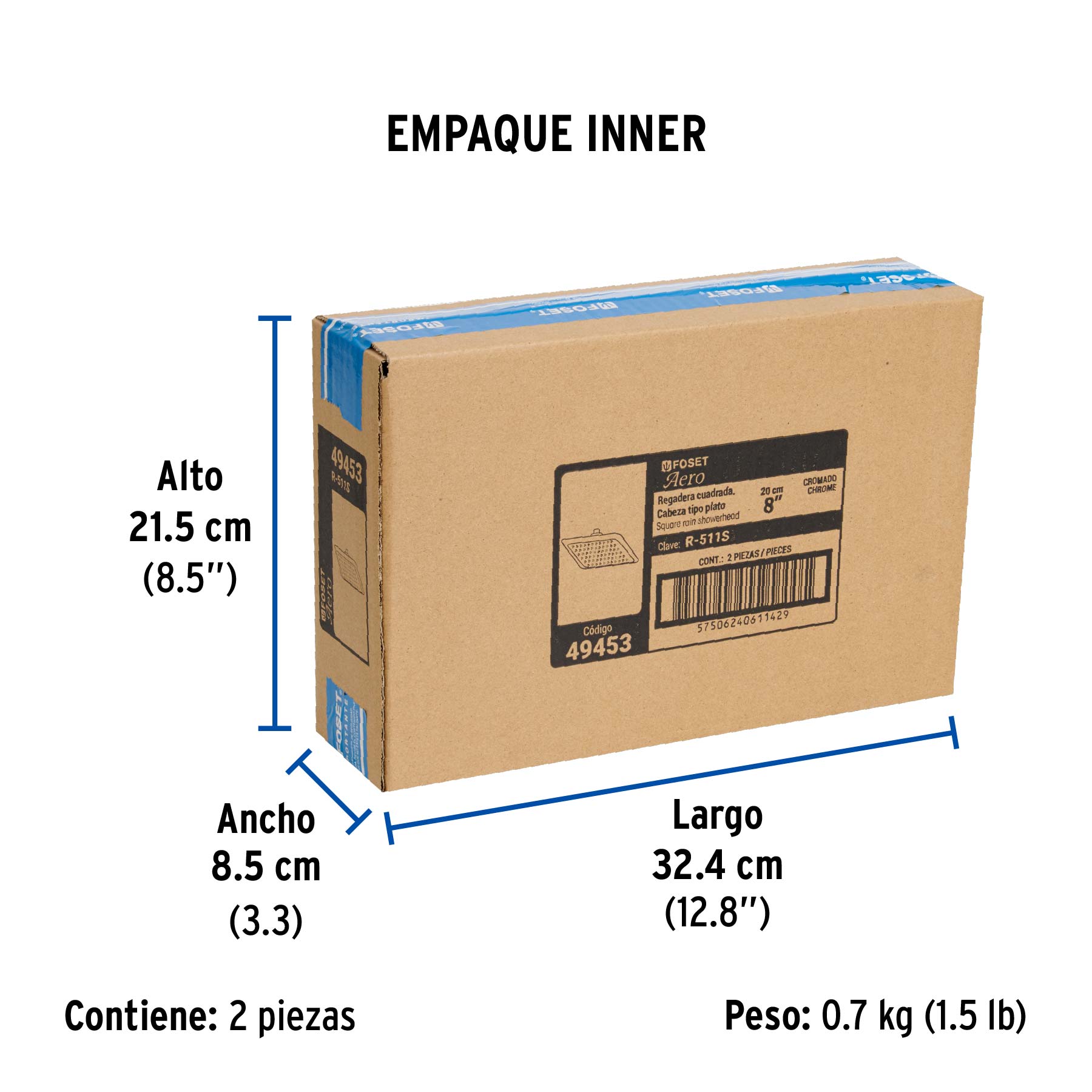 Regadera cuadrada 8", ABS, sin brazo, cromo, AERO - Empaque