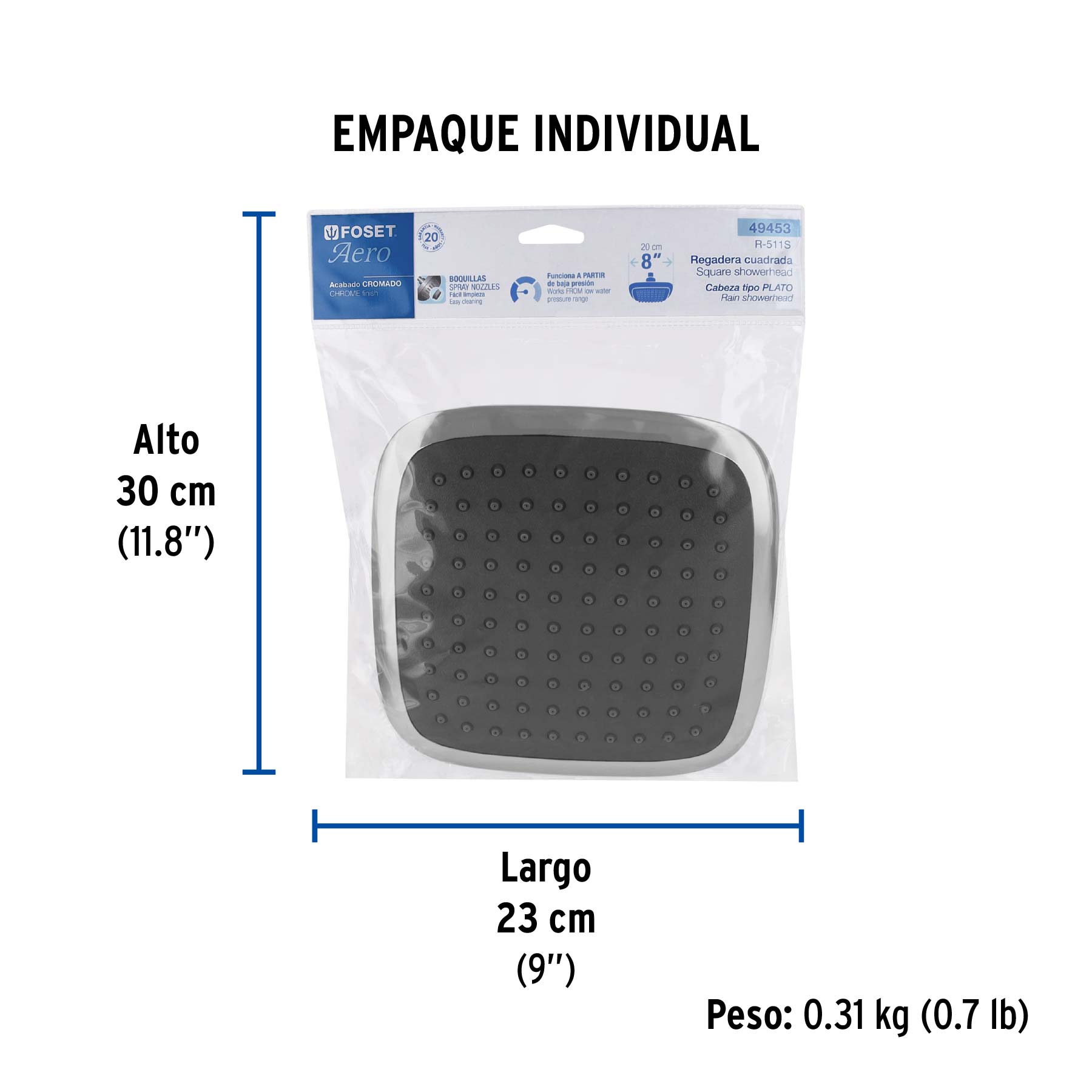 Regadera cuadrada 8", ABS, sin brazo, cromo, AERO - Empaque