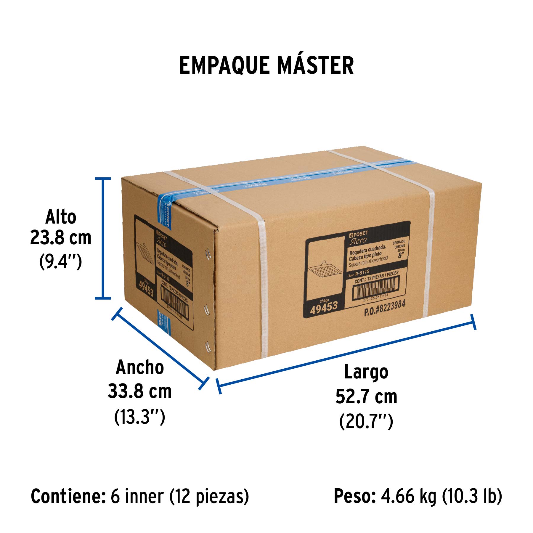 Regadera cuadrada 8", ABS, sin brazo, cromo, AERO - Empaque