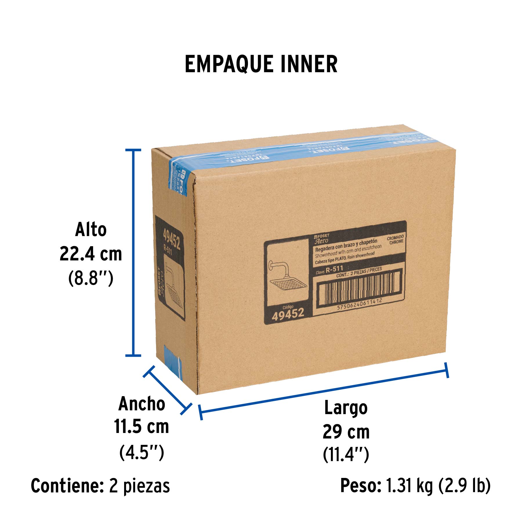 Regadera cuadrada 8", ABS, con brazo y chapetón, cromo, AERO - Empaque