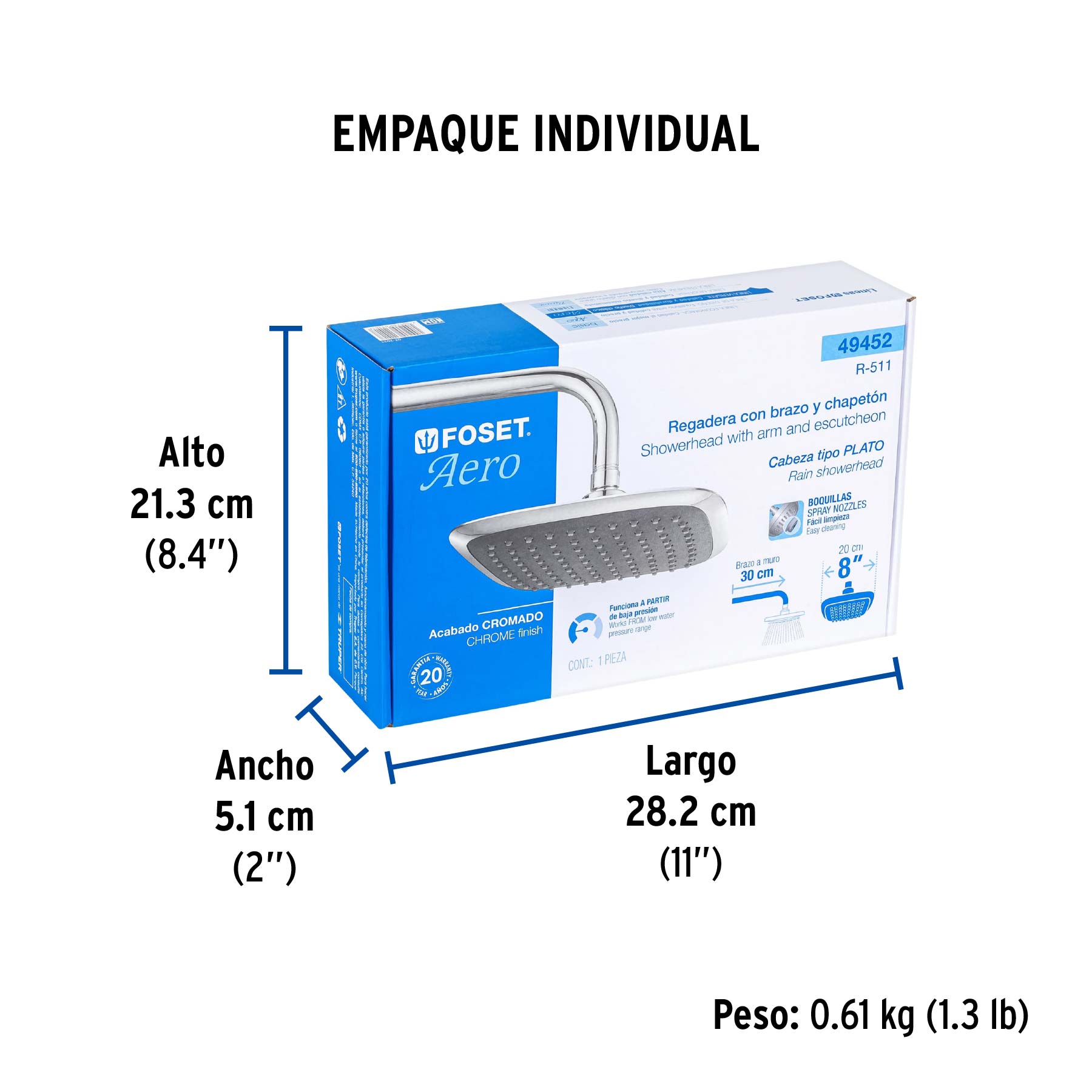 Regadera cuadrada 8", ABS, con brazo y chapetón, cromo, AERO - Empaque