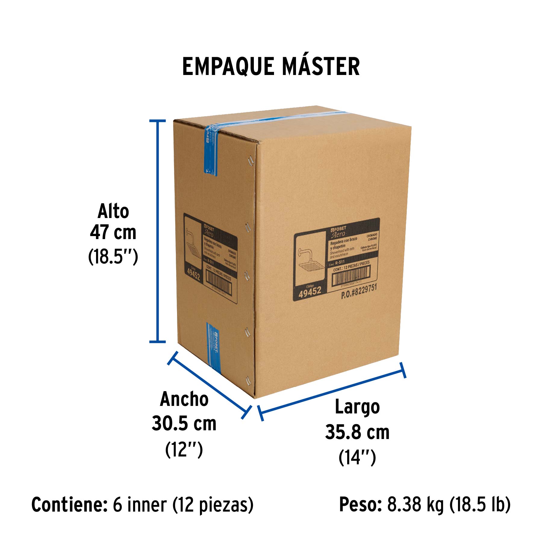Regadera cuadrada 8", ABS, con brazo y chapetón, cromo, AERO - Empaque