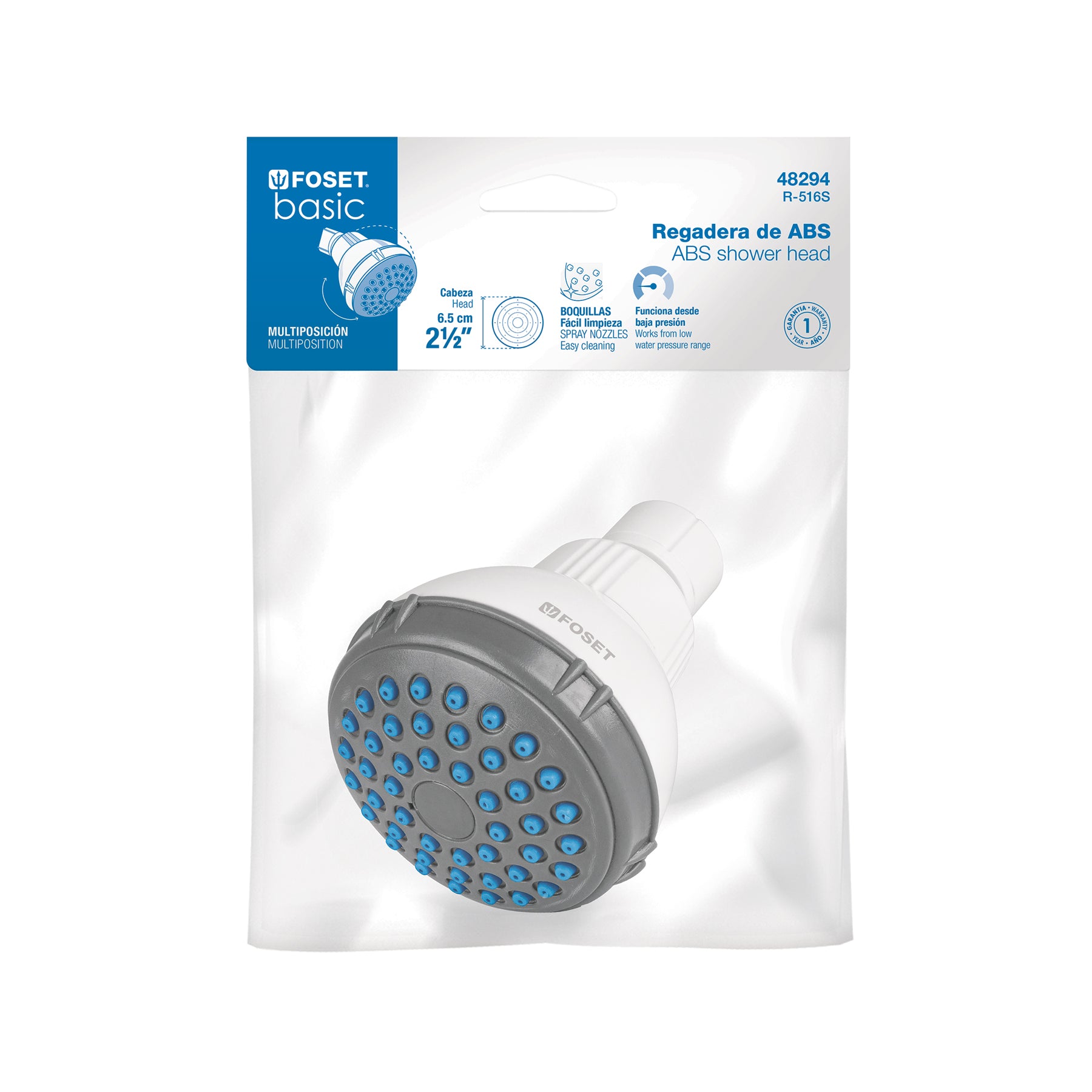 Regadera redonda de ABS 2-1/2" gris-blanca sin brazo, BASIC