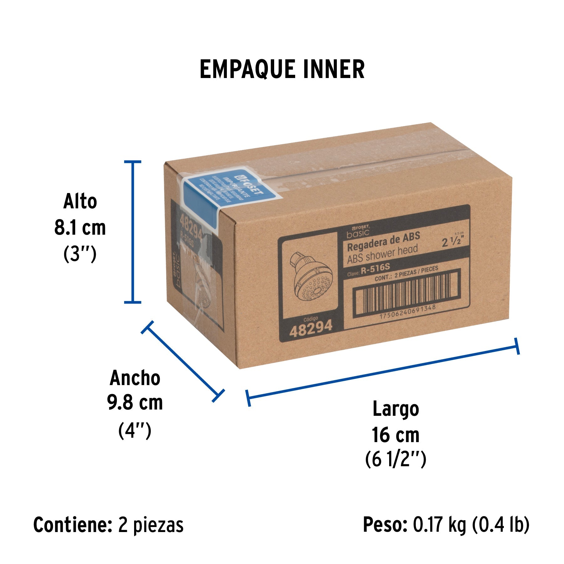 Regadera redonda de ABS 2-1/2" gris-blanca sin brazo, BASIC - Empaque