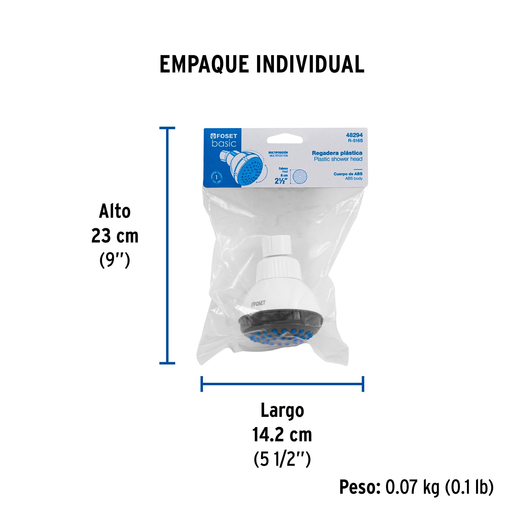 Regadera redonda de ABS 2-1/2" gris-blanca sin brazo, BASIC - Empaque