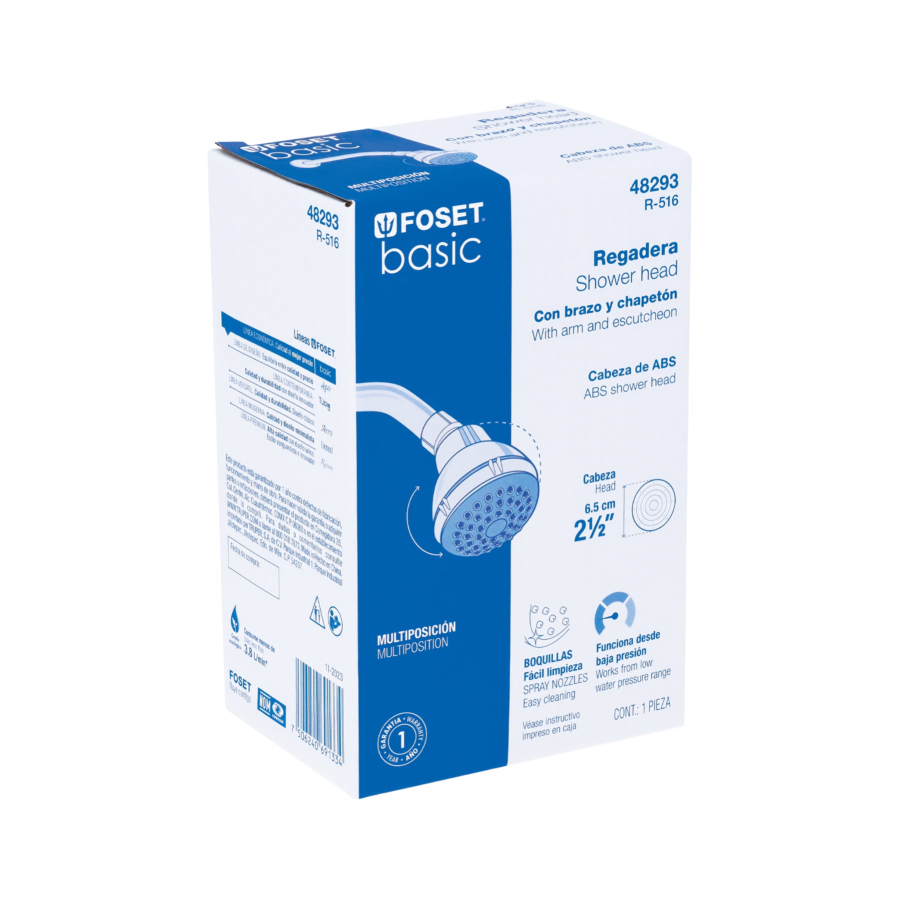 Regadera plástica redonda 2-1/2" gris-blanca, FOSET BASIC