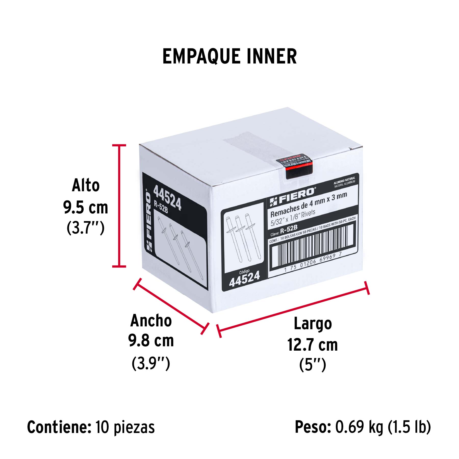 Bolsa con 50 remaches 5/32" x 1/8" de aluminio, ala 5/16" - Empaque