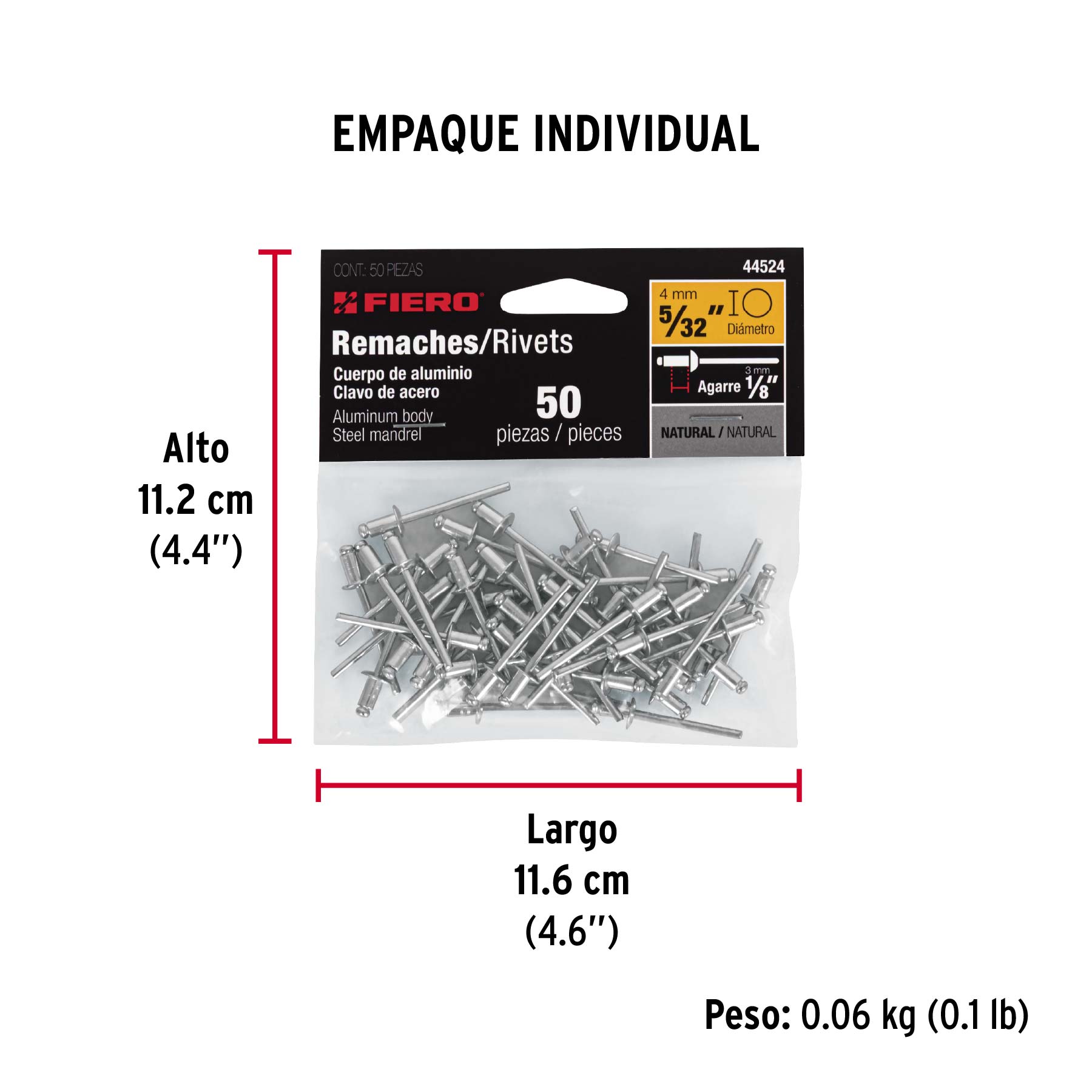 Bolsa con 50 remaches 5/32" x 1/8" de aluminio, ala 5/16" - Empaque