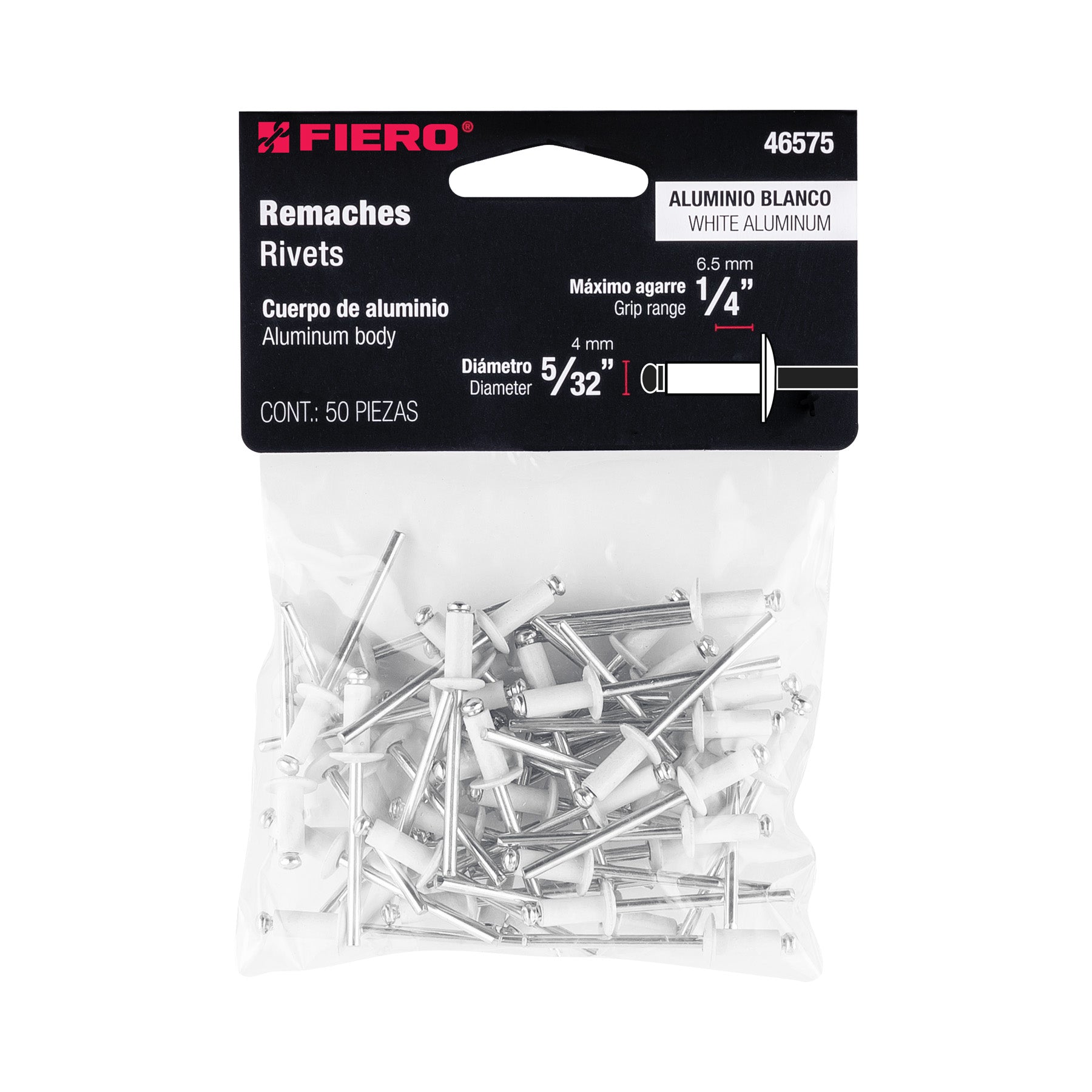 Bolsa c/50 remaches 5/32"x1/4" blancos aluminio, ala 5/16"