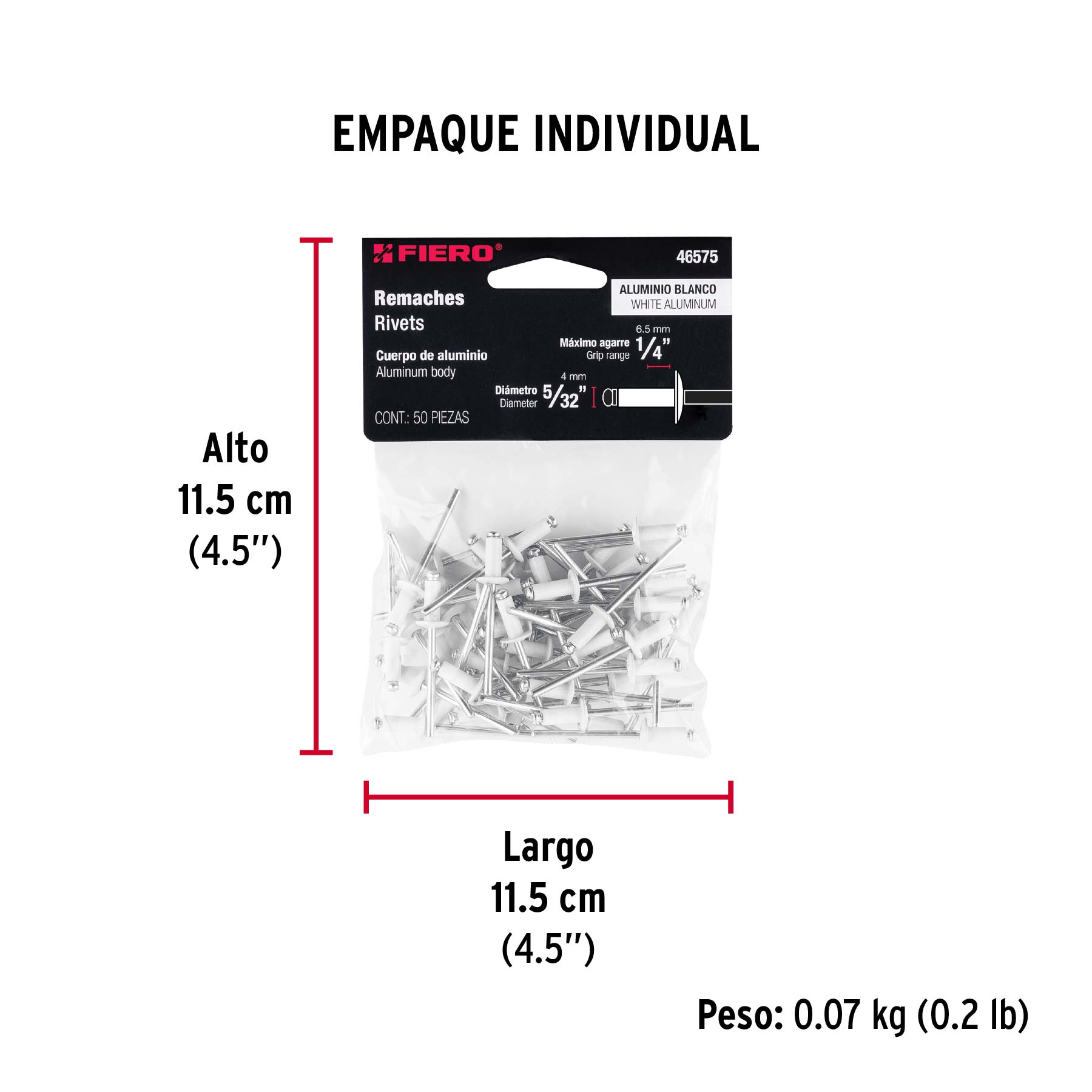 Bolsa c/50 remaches 5/32"x1/4" blancos aluminio, ala 5/16" - Empaque