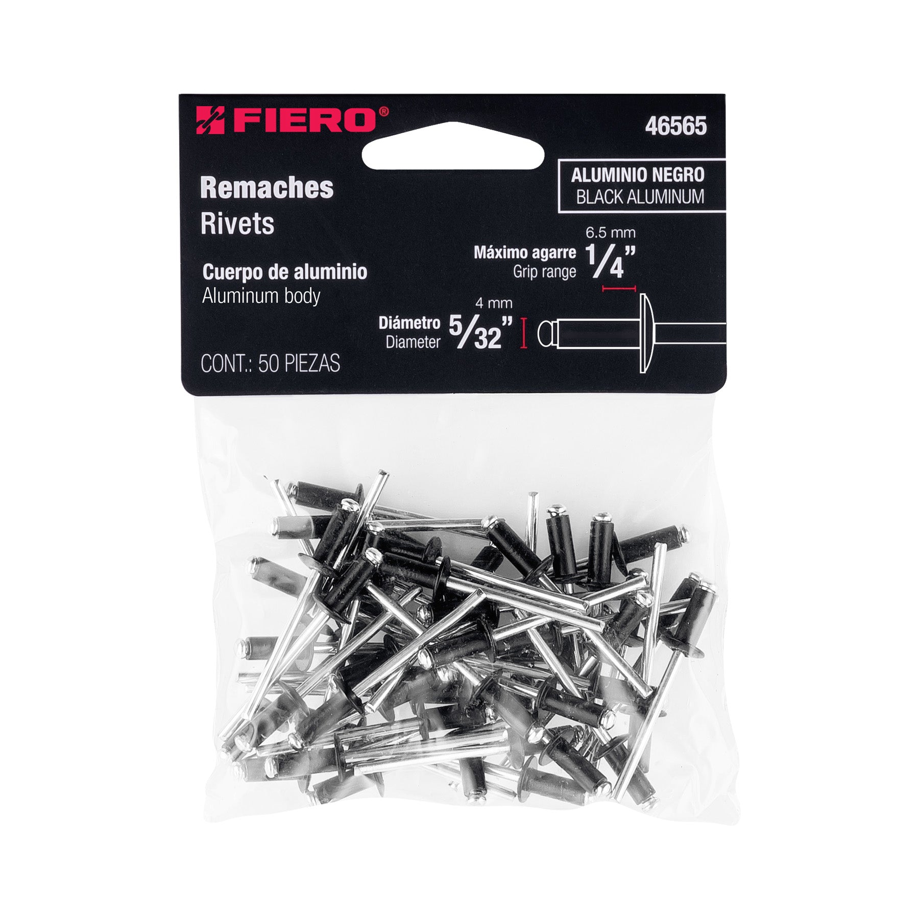 Bolsa c/50 remaches 5/32"x1/4" negros de aluminio, ala 5/16"