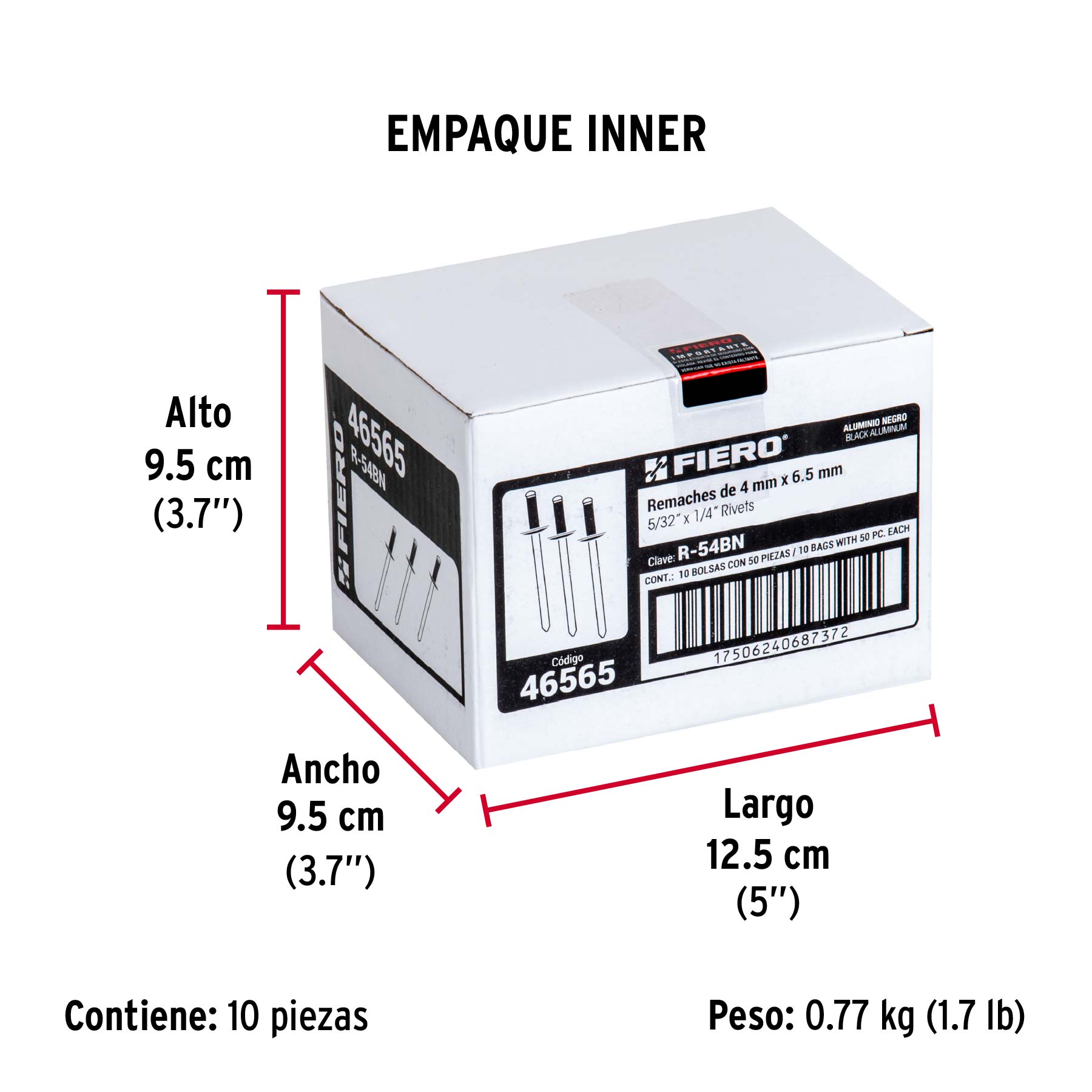 Bolsa c/50 remaches 5/32"x1/4" negros de aluminio, ala 5/16" - Empaque