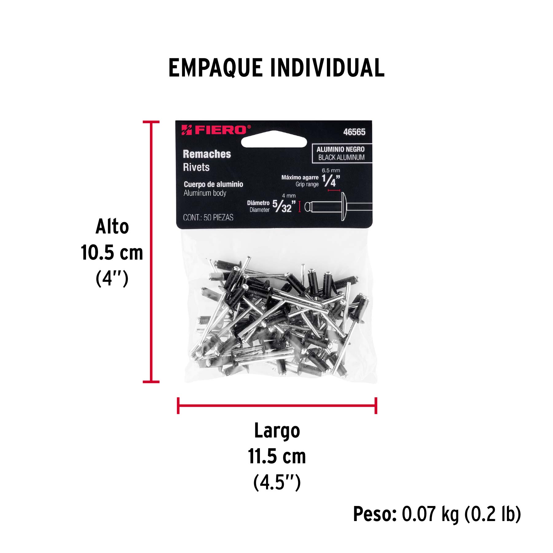 Bolsa c/50 remaches 5/32"x1/4" negros de aluminio, ala 5/16" - Empaque