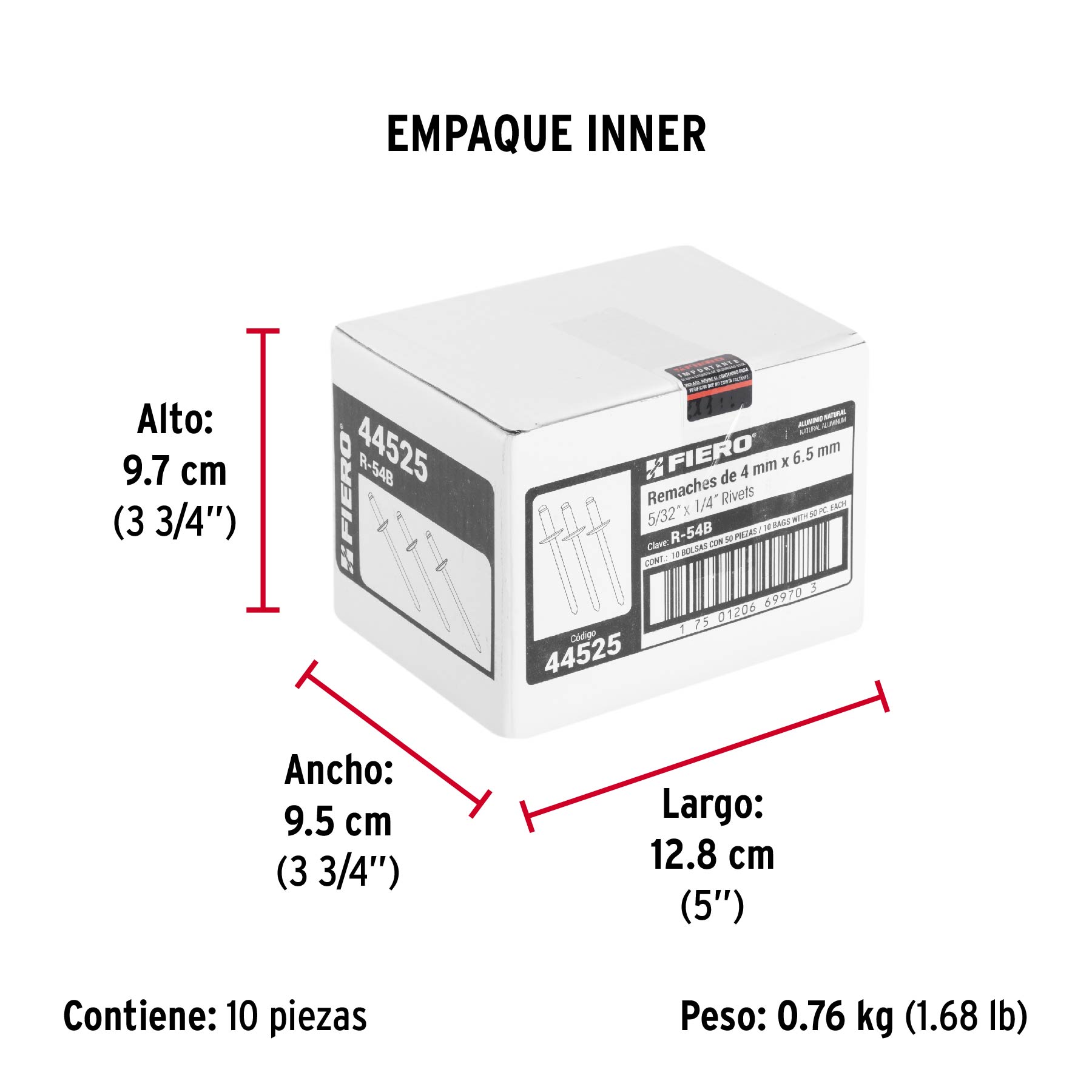 Bolsa con 50 remaches 5/32" x 1/4" de aluminio, ala 5/16" - Empaque