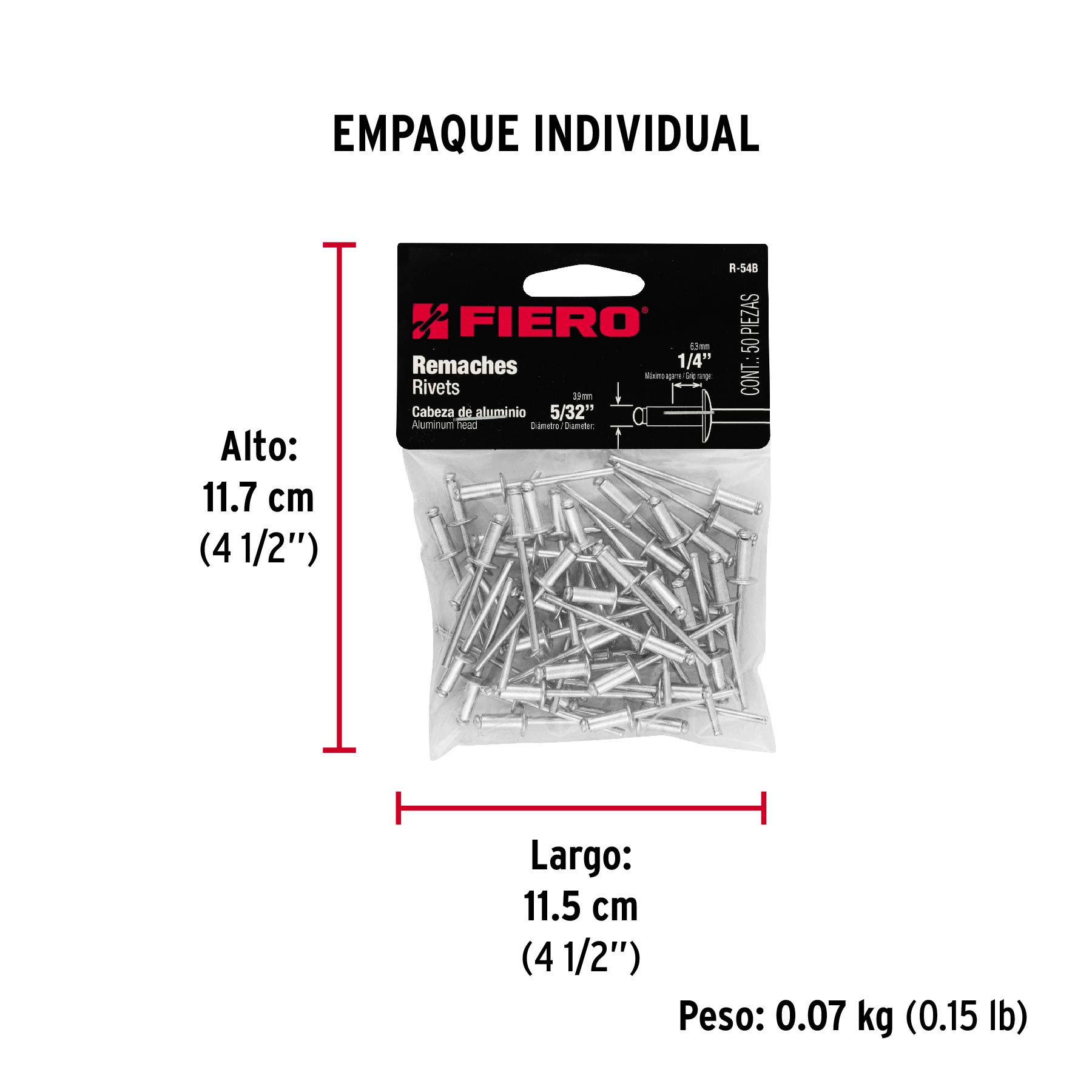Bolsa con 50 remaches 5/32" x 1/4" de aluminio, ala 5/16" - Empaque