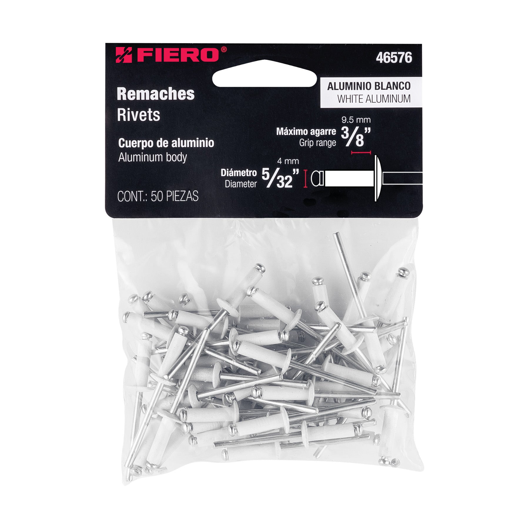 Bolsa c/50 remaches 5/32"x3/8" blancos aluminio, ala 5/16"