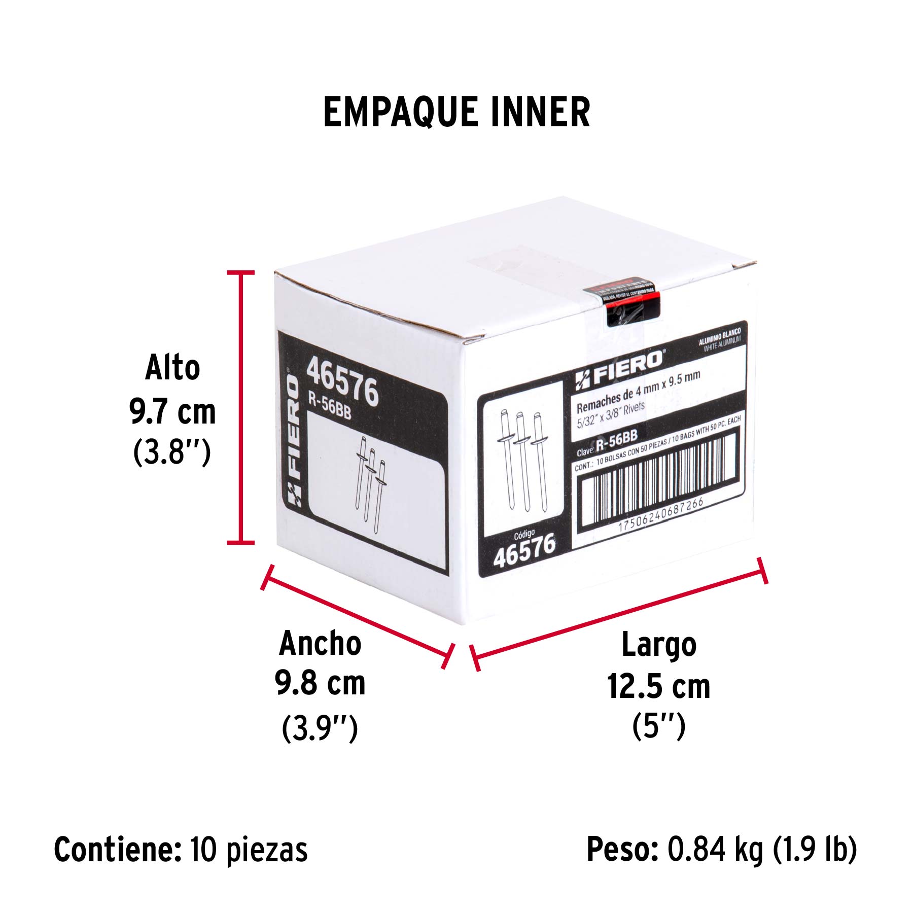 Bolsa c/50 remaches 5/32"x3/8" blancos aluminio, ala 5/16" - Empaque