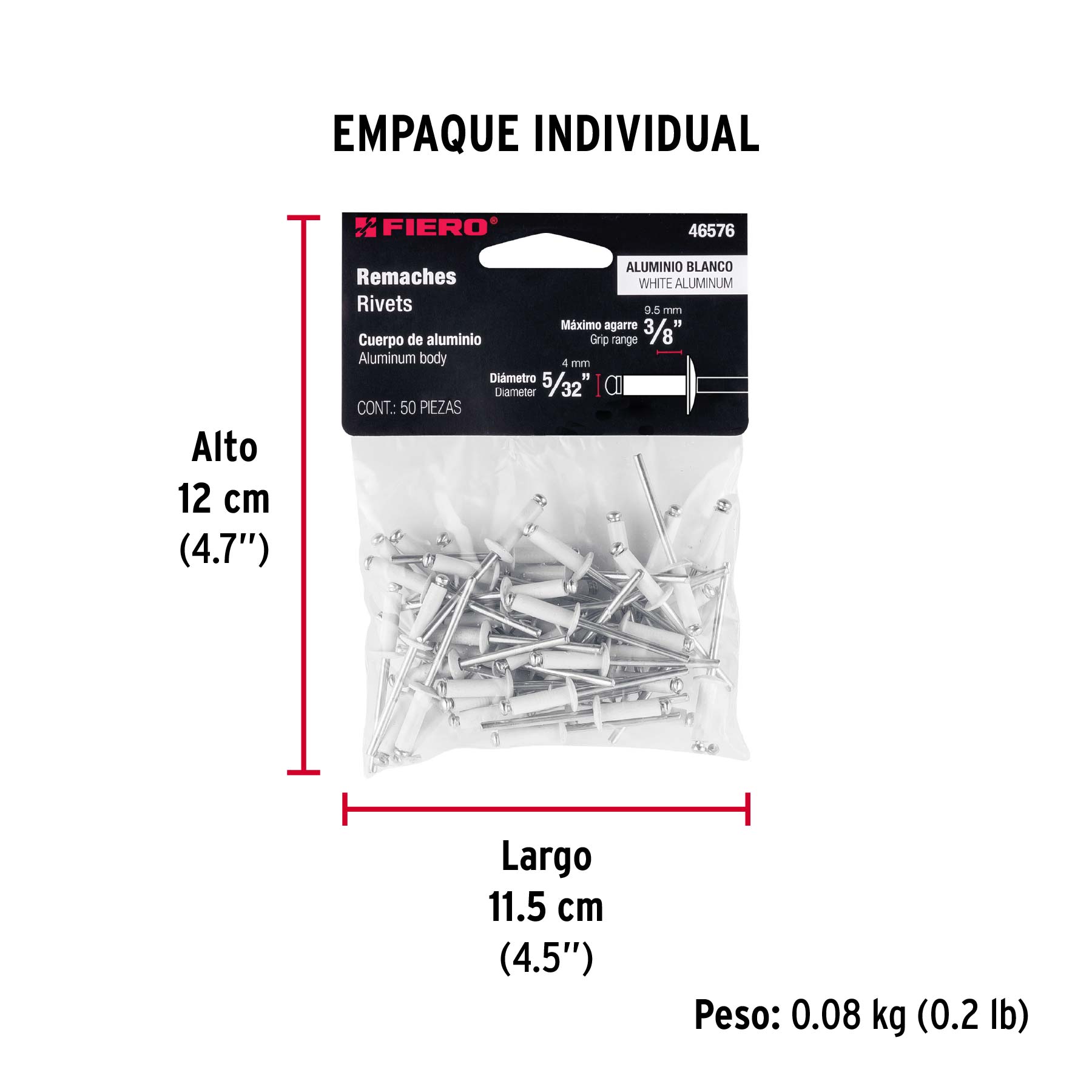Bolsa c/50 remaches 5/32"x3/8" blancos aluminio, ala 5/16" - Empaque