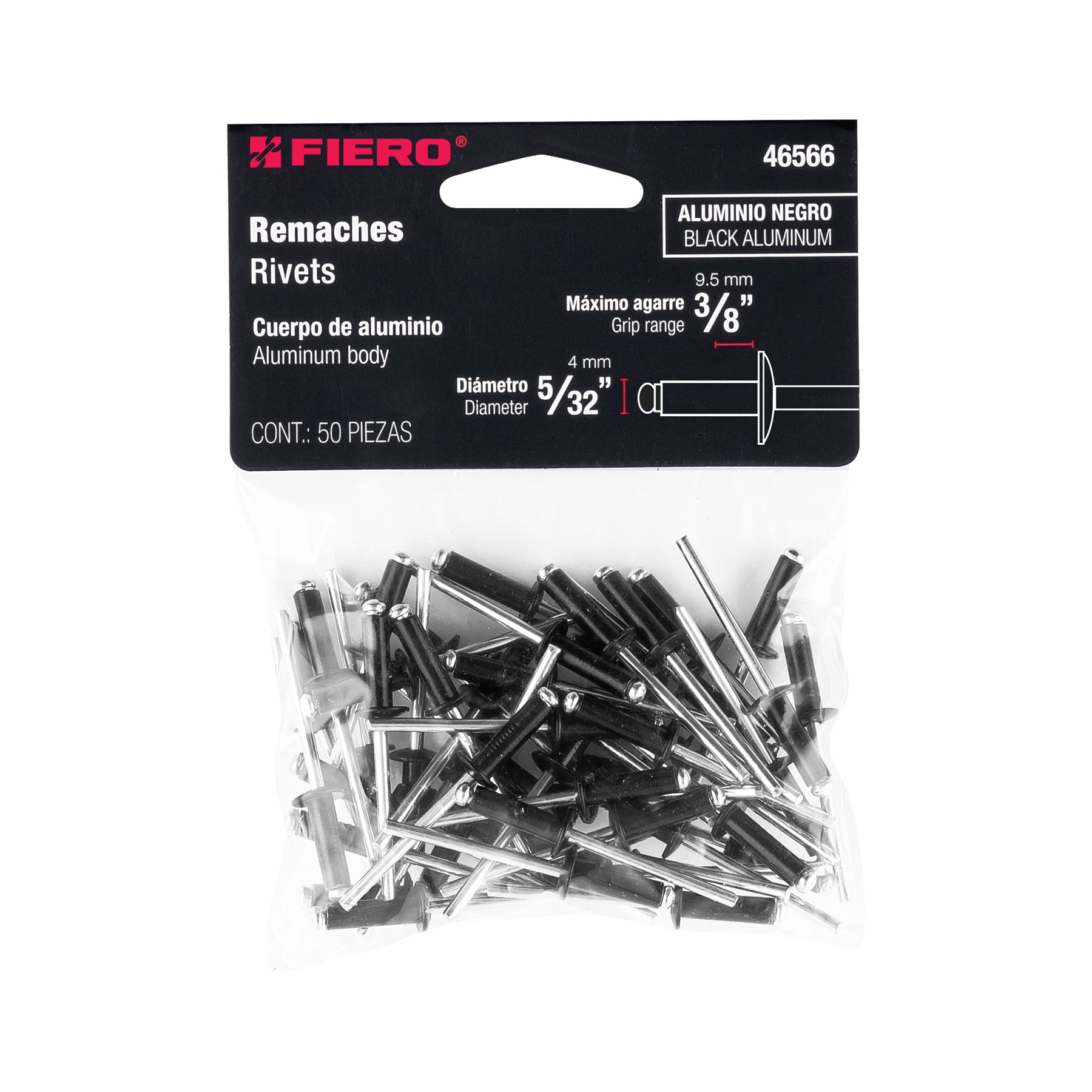 Bolsa c/50 remaches 5/32"x3/8" negros de aluminio, ala 5/16"