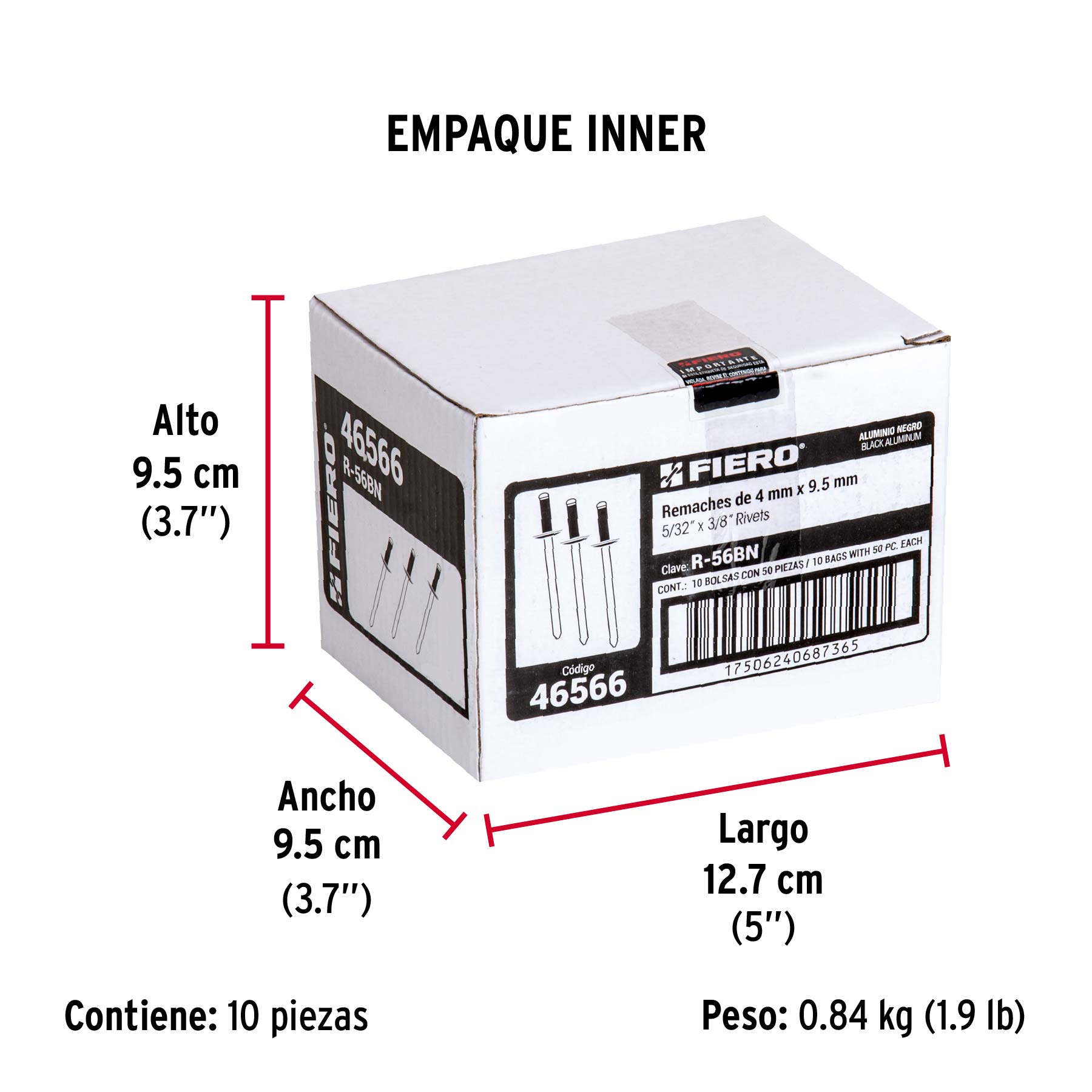 Bolsa c/50 remaches 5/32"x3/8" negros de aluminio, ala 5/16" - Empaque