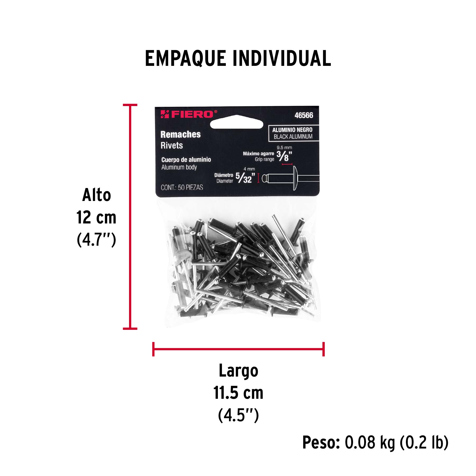 Bolsa c/50 remaches 5/32"x3/8" negros de aluminio, ala 5/16" - Empaque