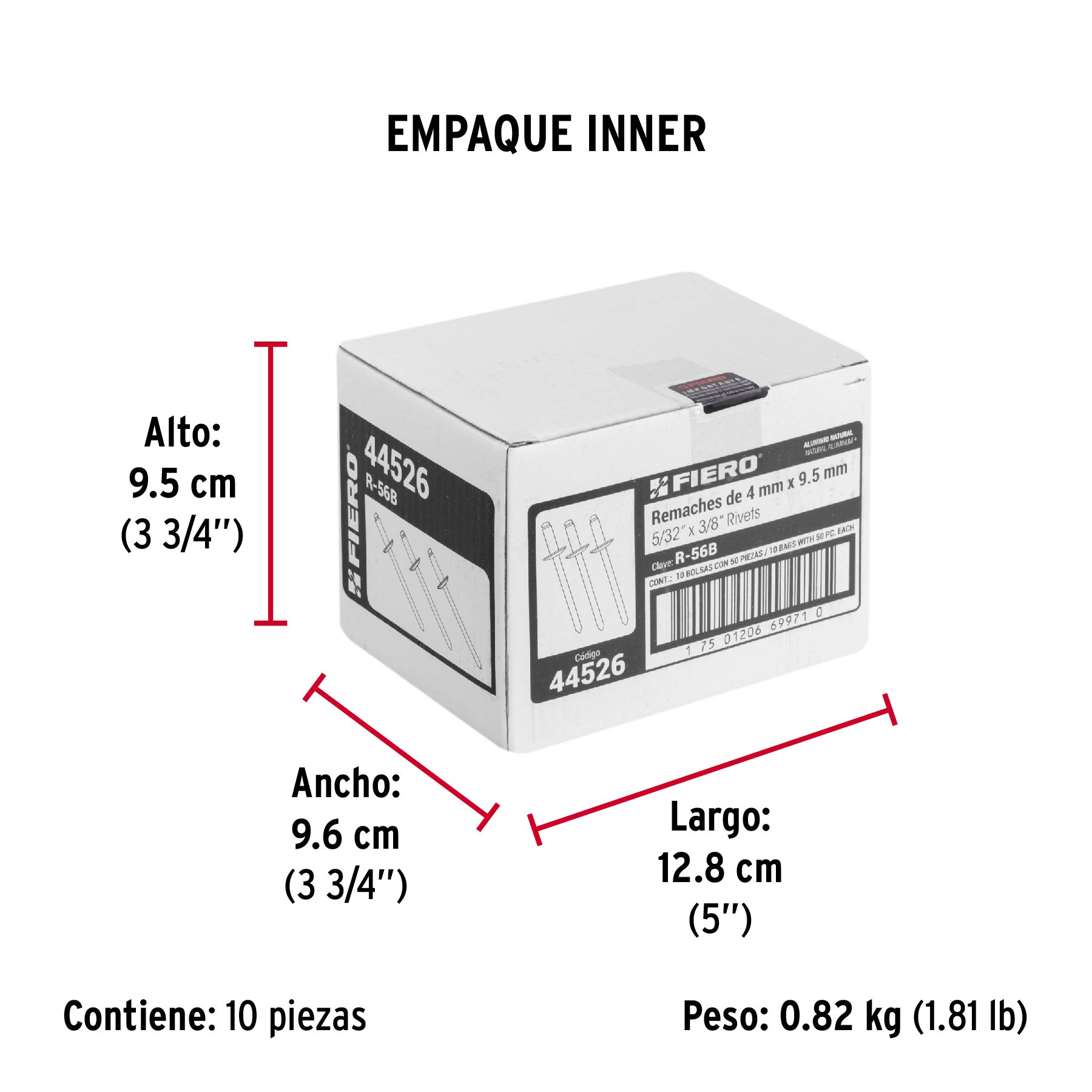 Bolsa con 50 remaches 5/32" x 3/8" de aluminio, ala 5/16" - Empaque