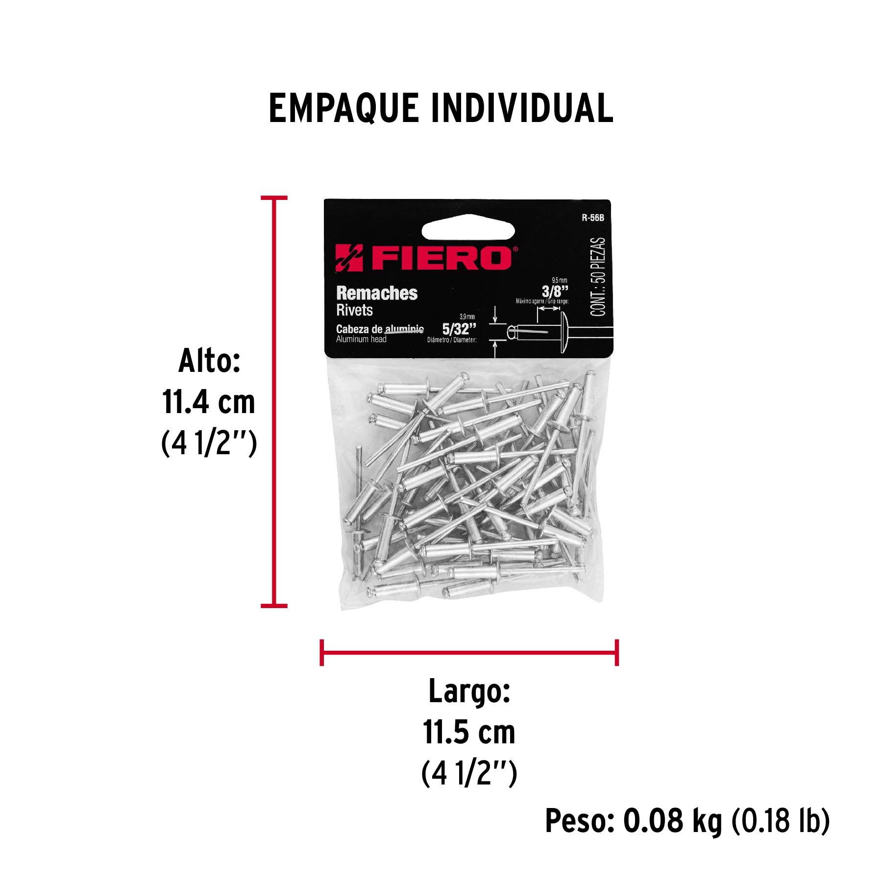 Bolsa con 50 remaches 5/32" x 3/8" de aluminio, ala 5/16" - Empaque