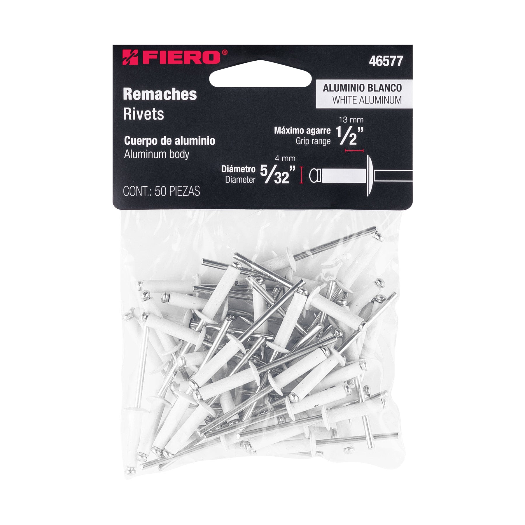 Bolsa c/50 remaches 5/32"x1/2" blancos aluminio, ala 5/16"