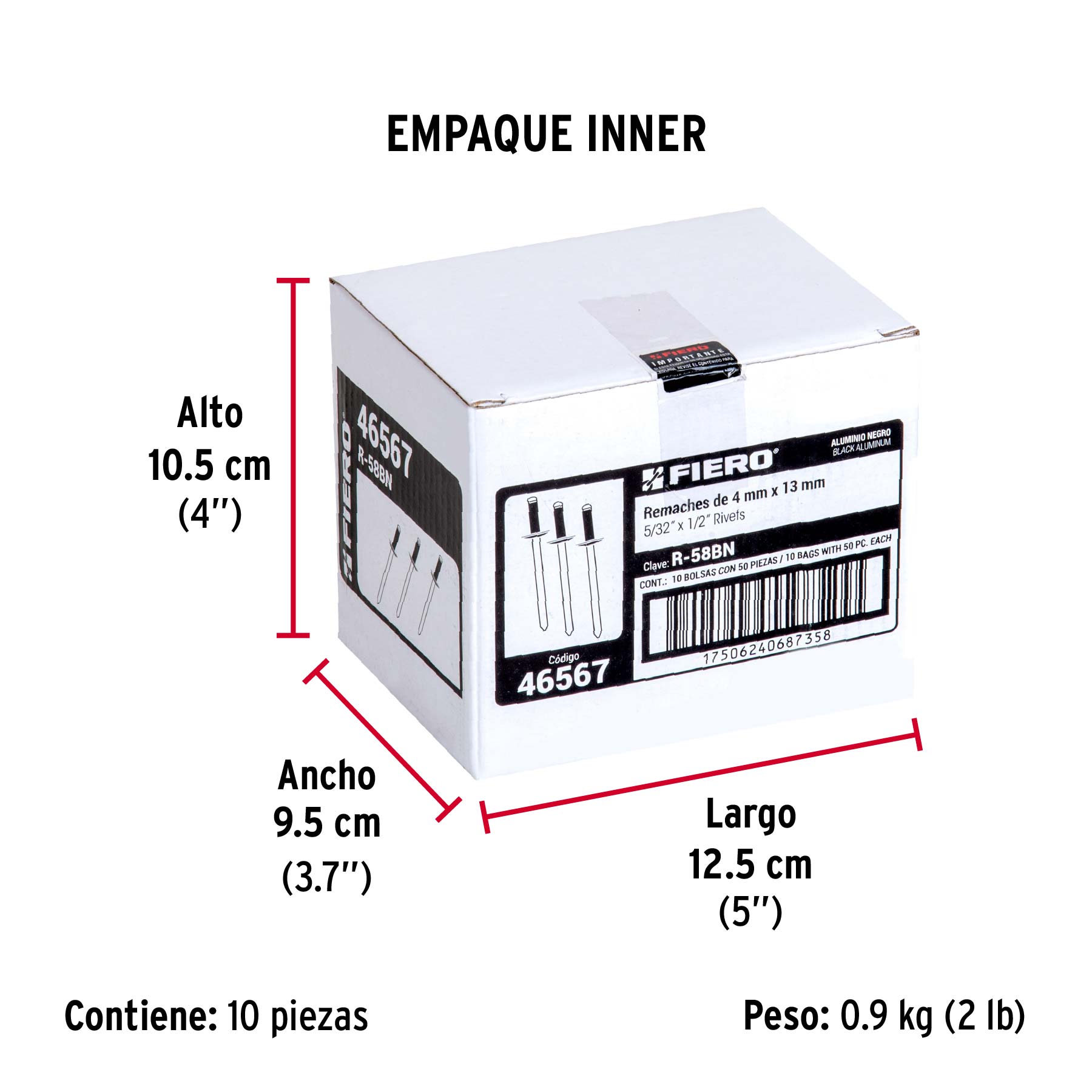 Bolsa c/50 remaches 5/32"x1/2" negros de aluminio, ala 5/16" - Empaque