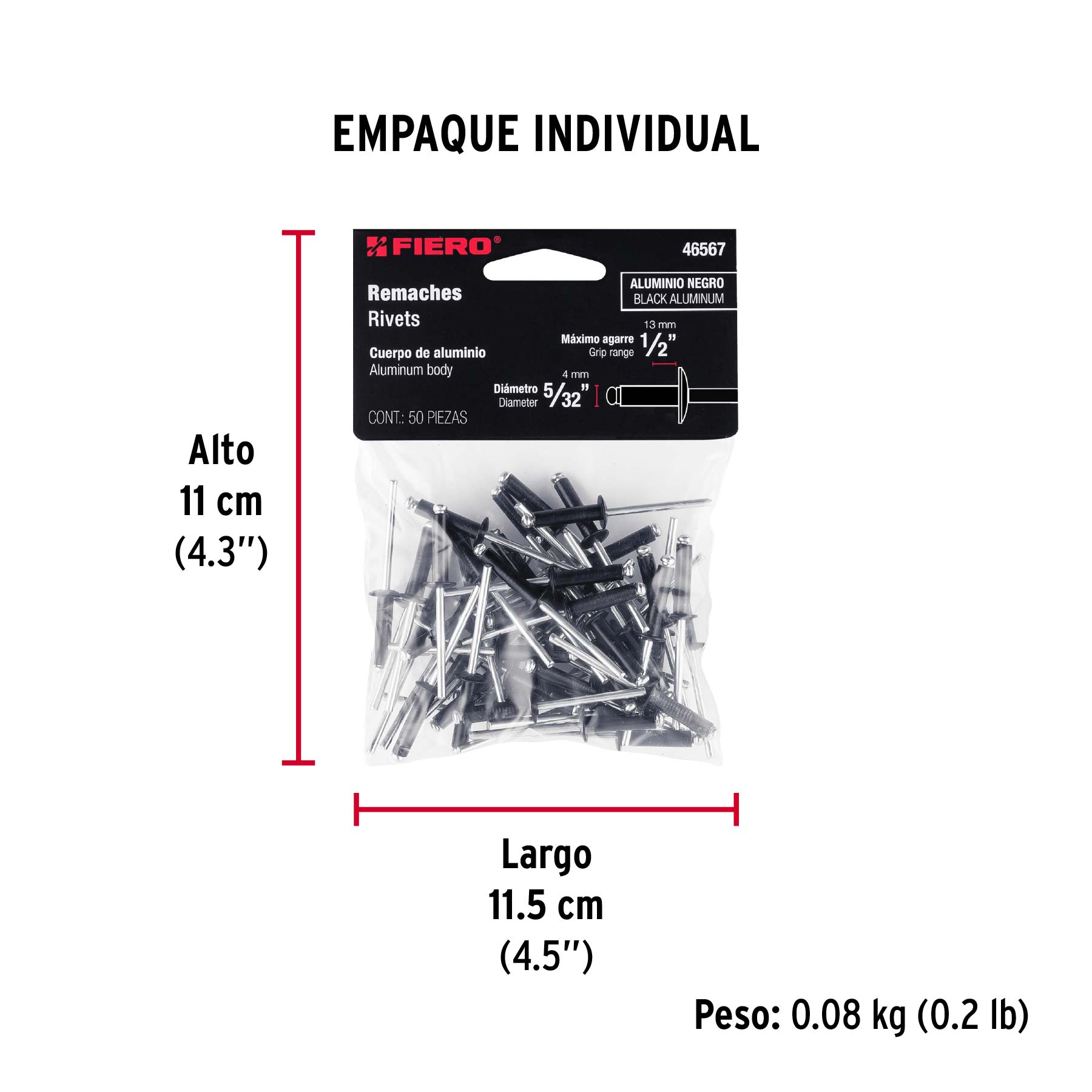 Bolsa c/50 remaches 5/32"x1/2" negros de aluminio, ala 5/16" - Empaque