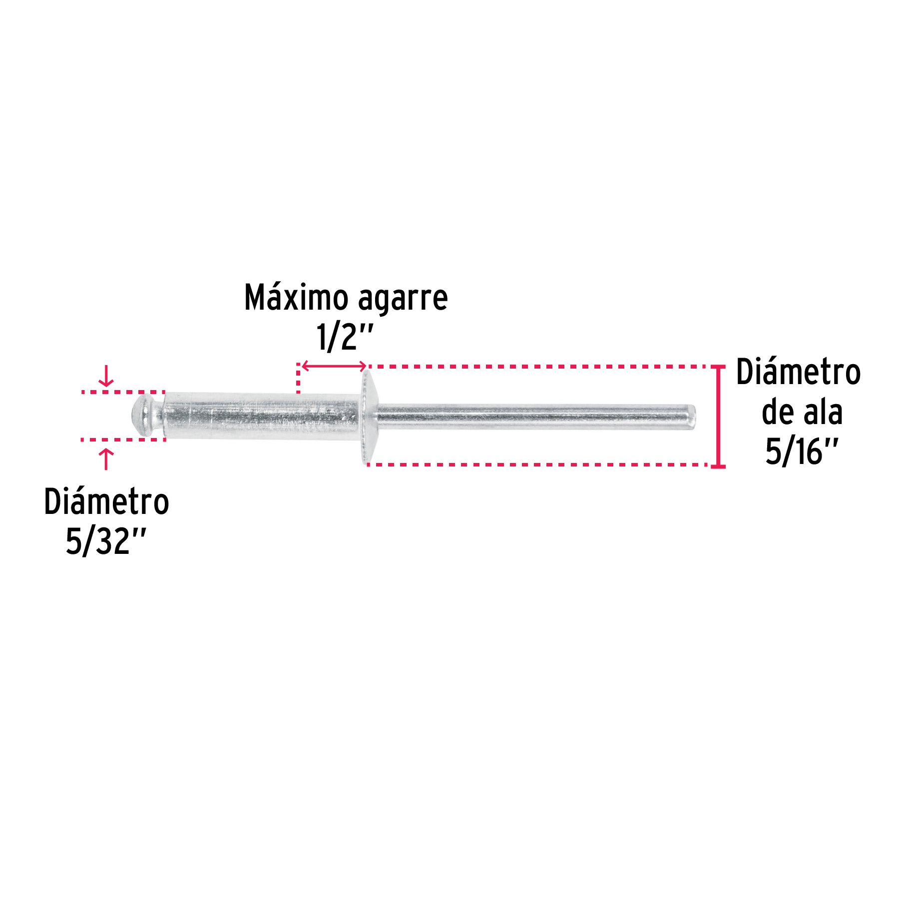 Bolsa con 50 remaches 5/32" x 1/2" de aluminio, ala 5/16"