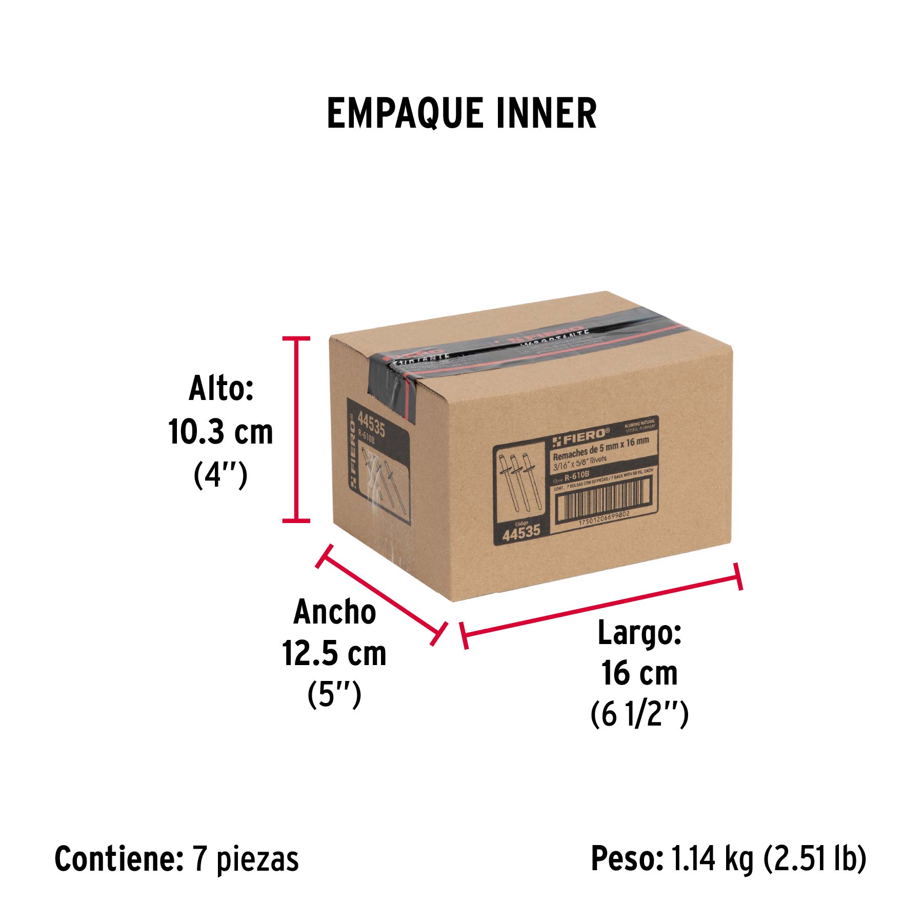 Bolsa con 50 remaches 3/16" x 5/8" de aluminio, ala 3/8" - Empaque