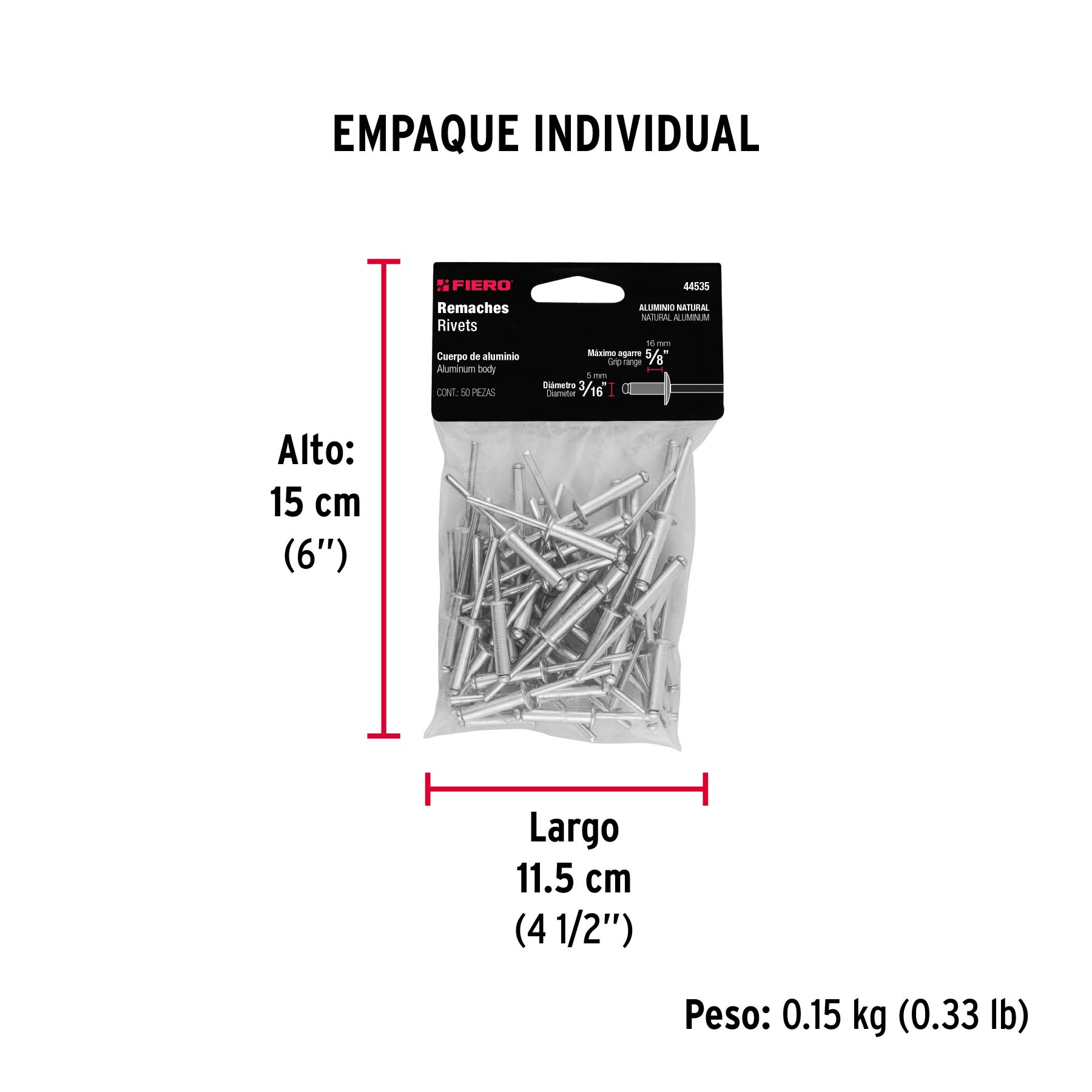 Bolsa con 50 remaches 3/16" x 5/8" de aluminio, ala 3/8" - Empaque