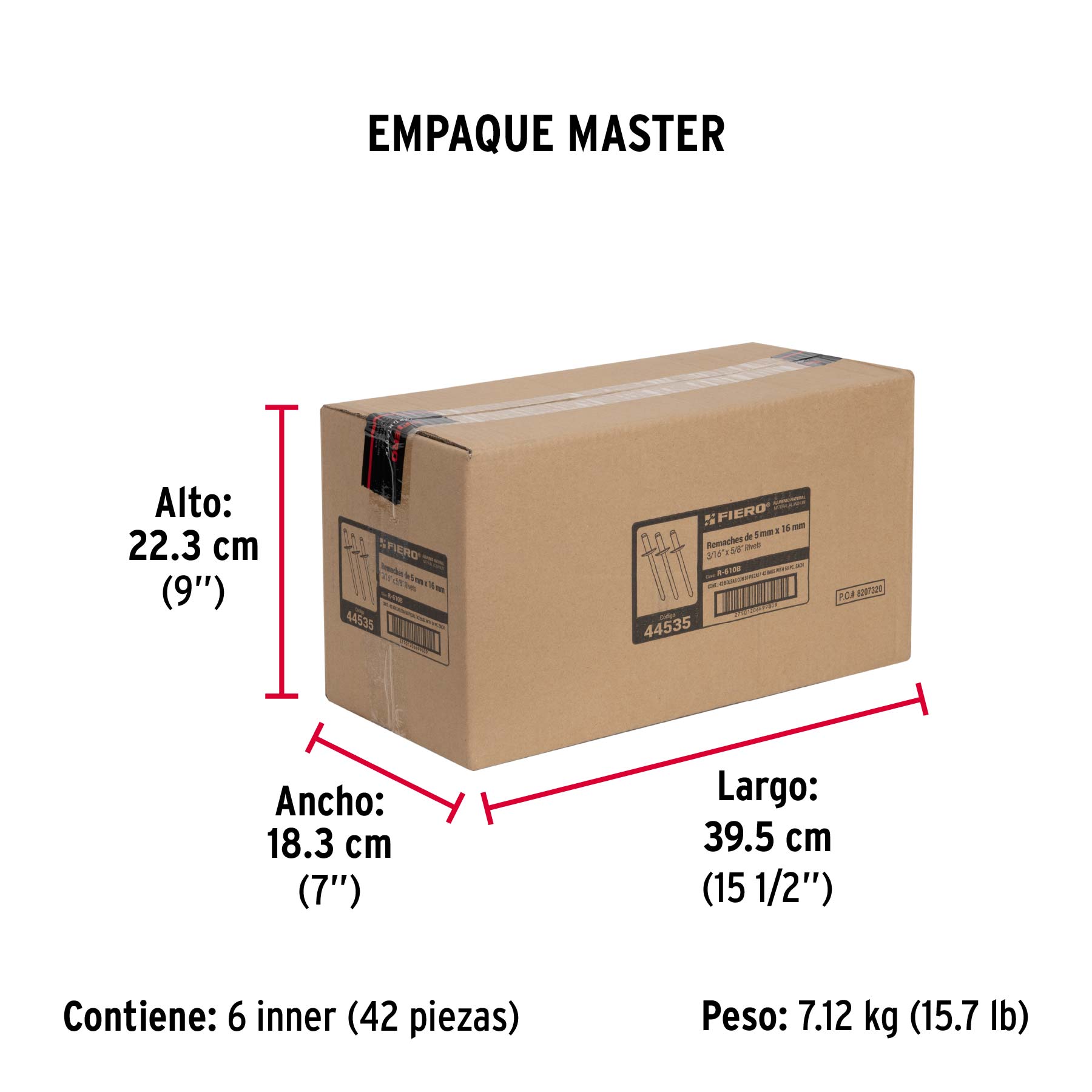 Bolsa con 50 remaches 3/16" x 5/8" de aluminio, ala 3/8" - Empaque