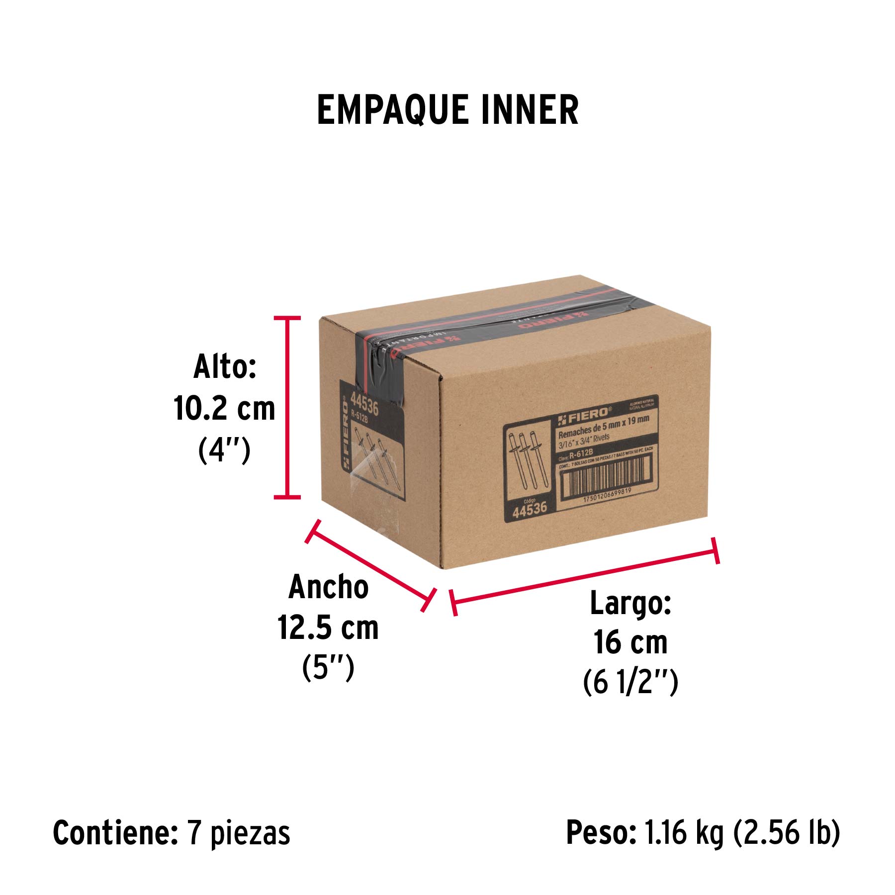 Bolsa con 50 remaches 3/16" x 3/4" de aluminio, ala 3/8" - Empaque
